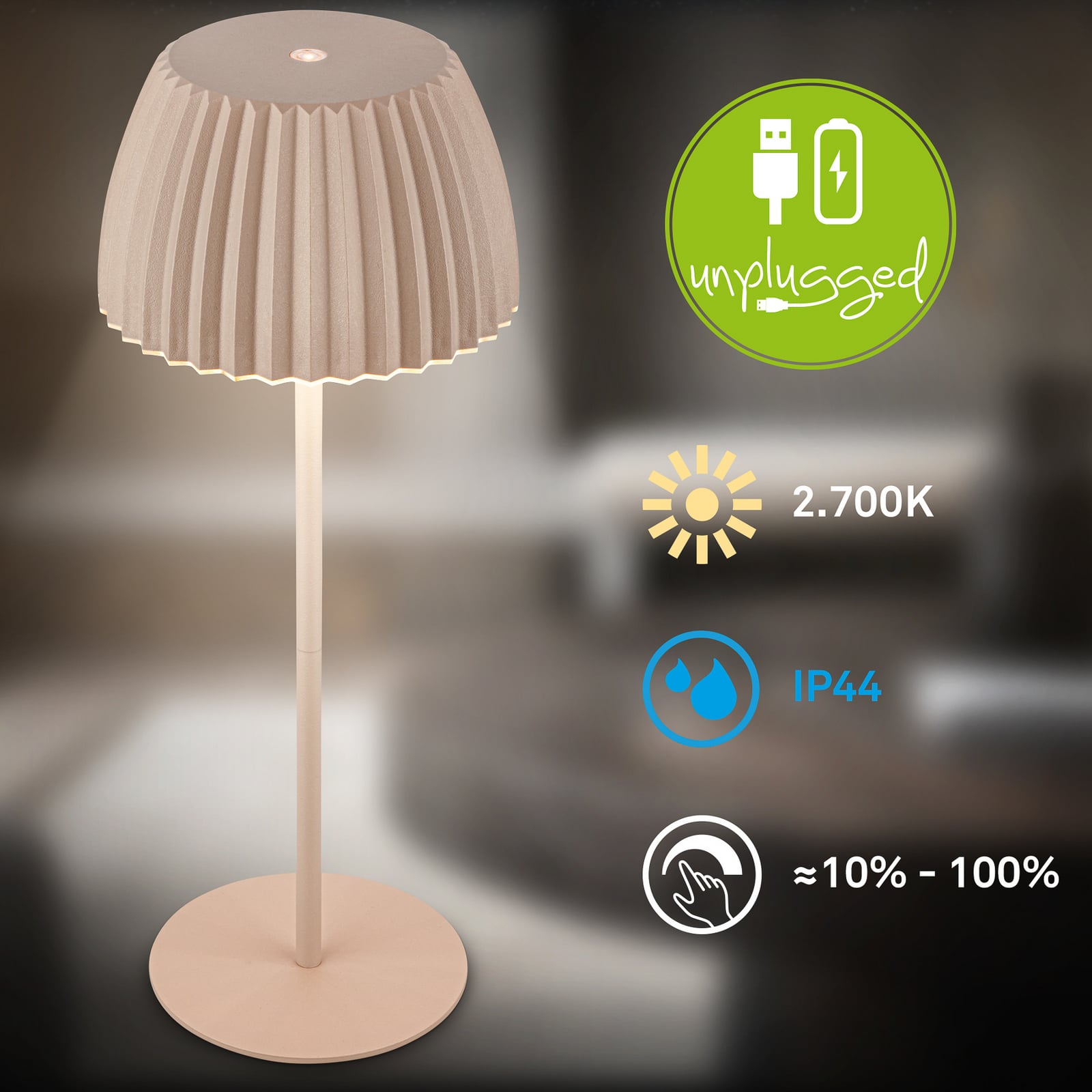 LED акумулаторна настолна лампа Brilo unplugged Riffle, 36 cm, бежова