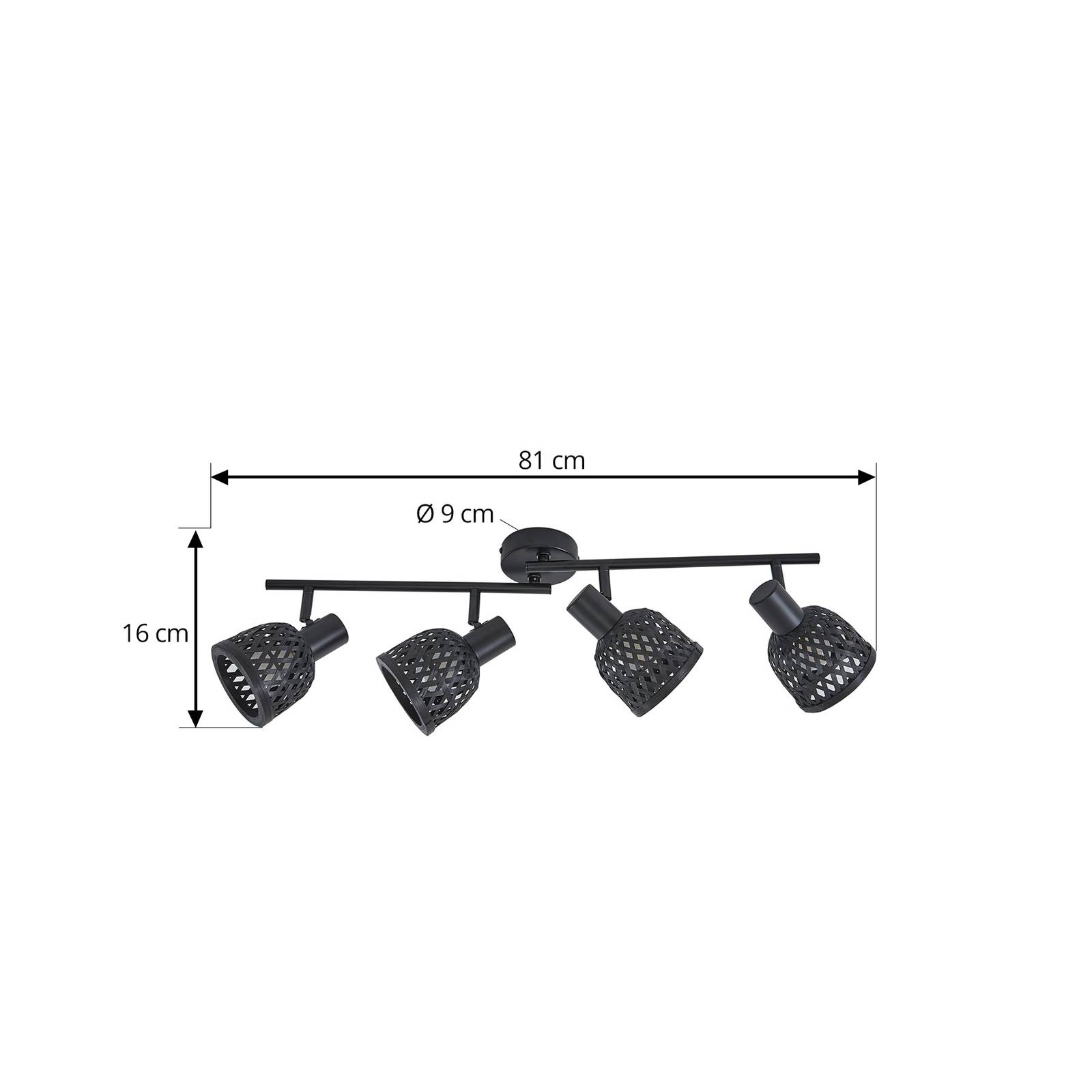 Lampa sufitowa Lindby Eskil, 4-punktowa, czarna, bambus, Ø 10 cm