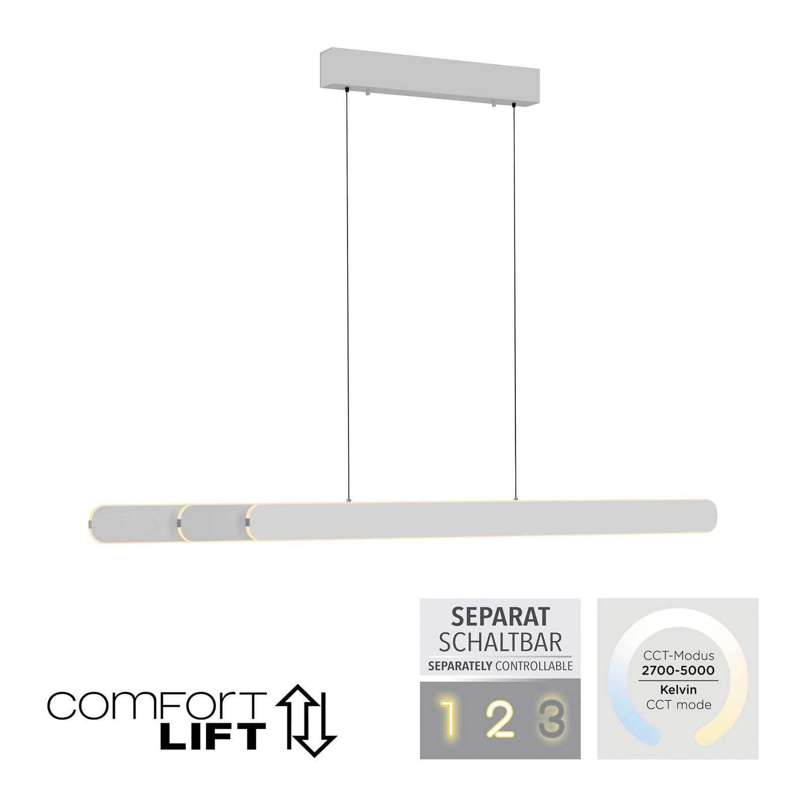 Lámpara colgante LED ADRIANA ROUND, blanca, longitud 160 cm, metal CCT
