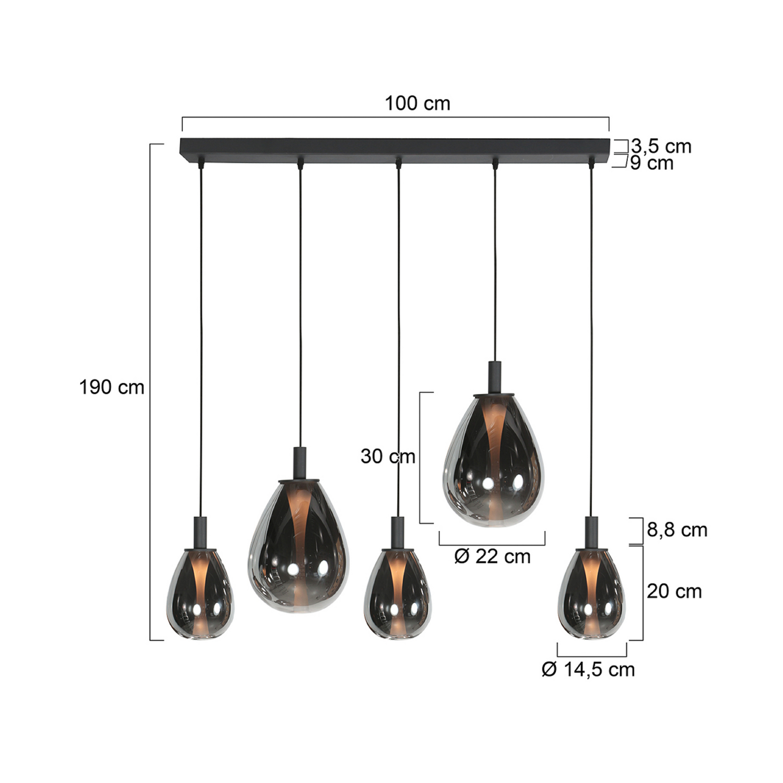 Lampada LED a sospensione Glimsy, 115 cm nero/vetro grigio fumo, a 5 luci.