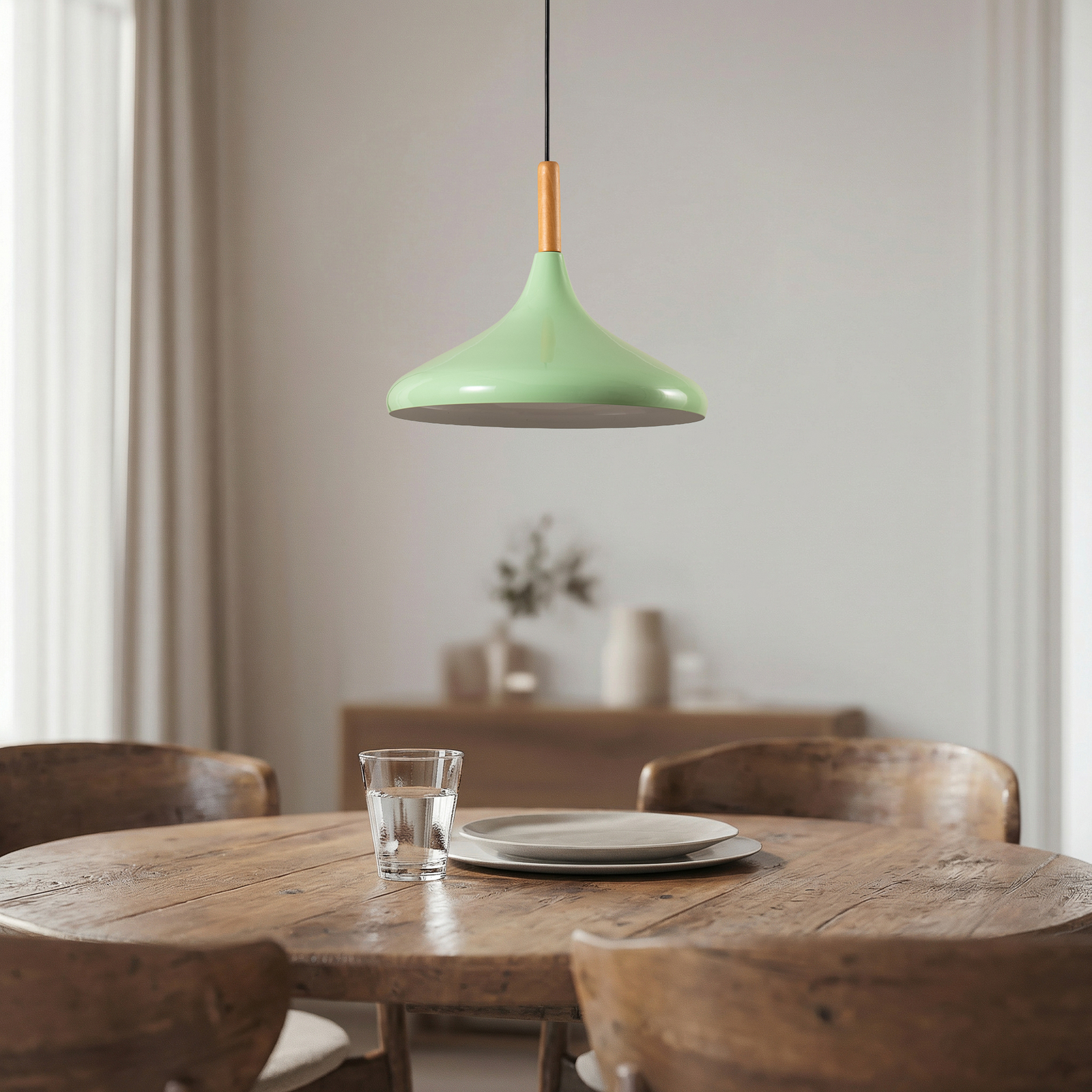 Chris hanging light, mint green/white, Ø 35 cm, metal, wood detail