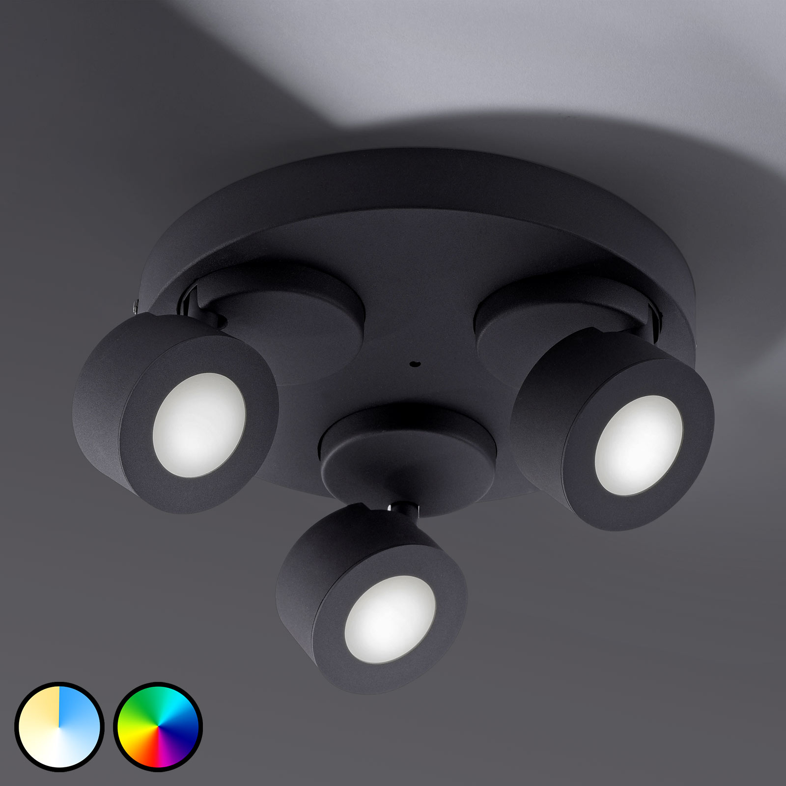 Trio Lighting WiZ Sancho LED ceiling lamp, 3-bulb, black, for Living / Dining Room, metal, plastic, 3 W, energy efficiency: A+, H: 12.5 cm