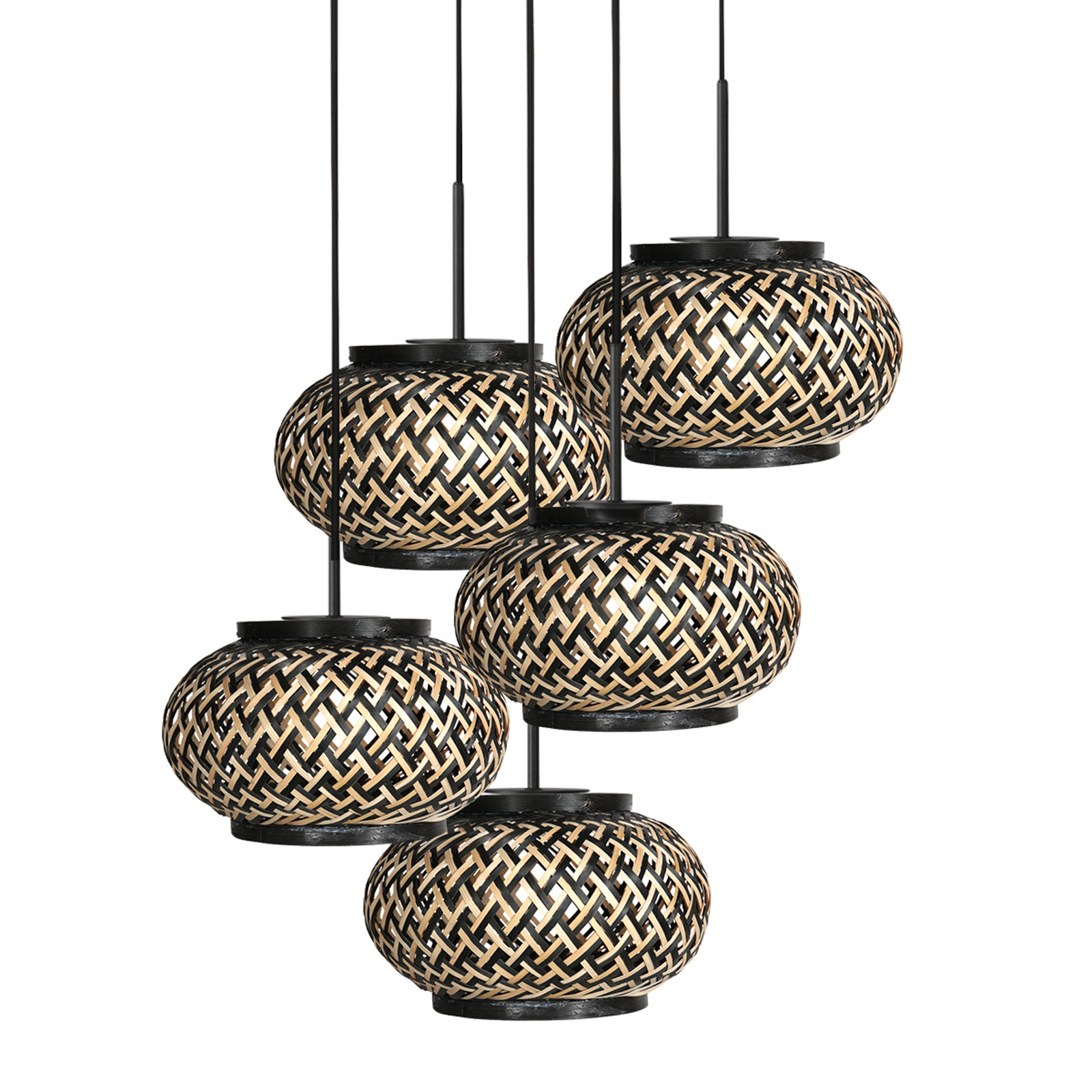 Suspension NoxLight, à 5 lampes, ronde, noire, tressage de bambou