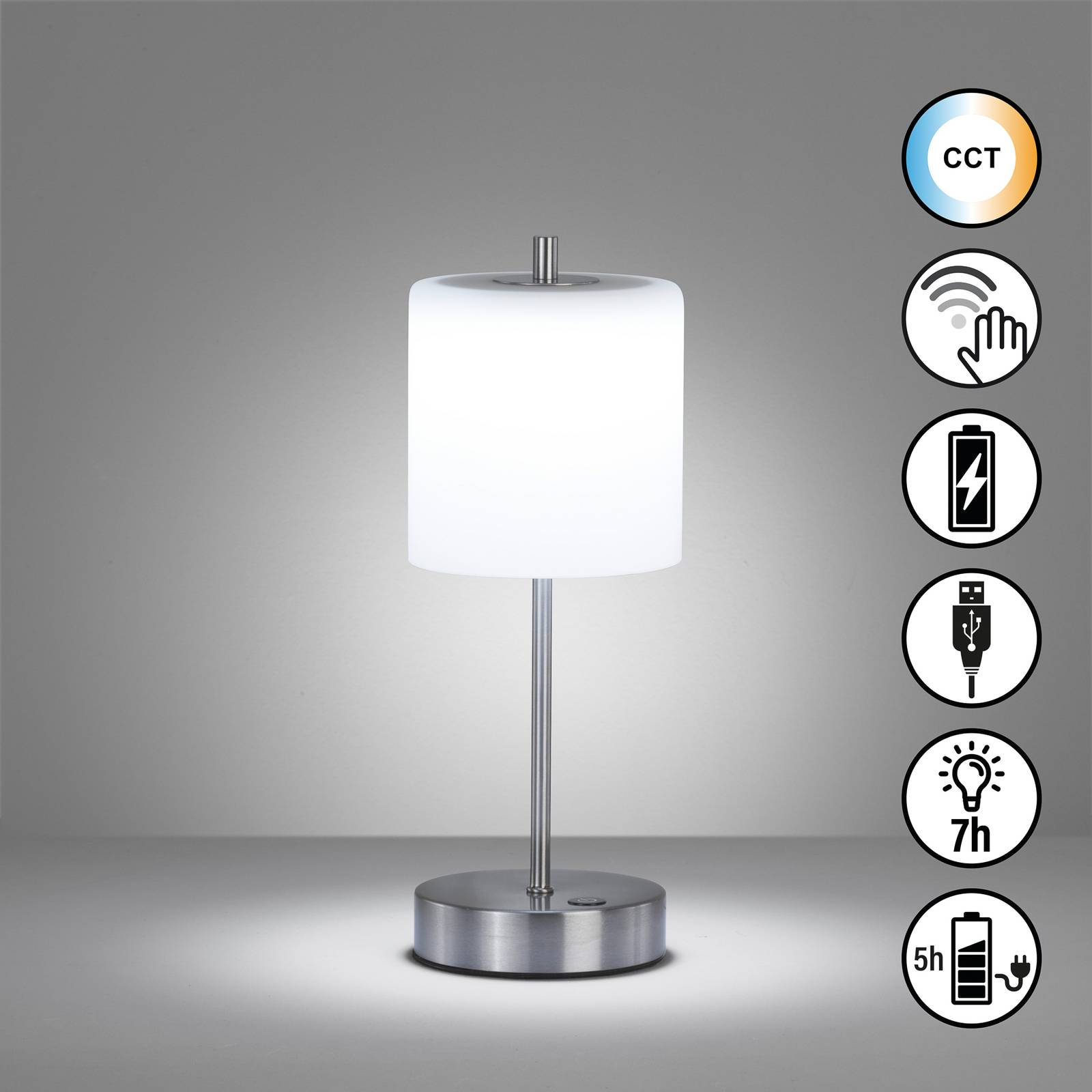 FH Lighting Lampe de table LED rechargeable Riva nickel/opale hauteur 34,5cm