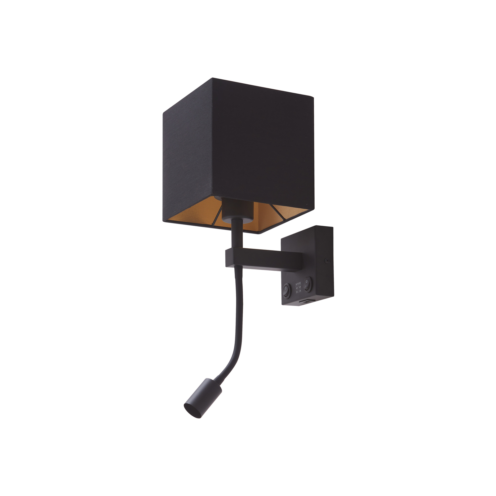 Lindby vägglampa Thorid, svart/guld, tyg, USB, flexibel arm