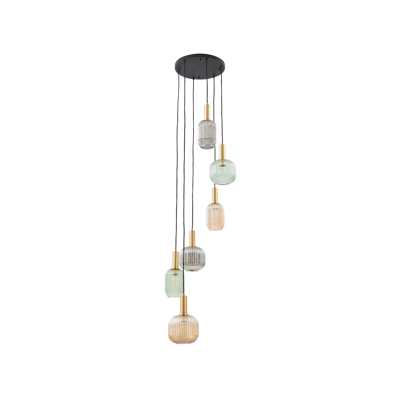 Lindby hanglamp Doroteo, 6-lamps, groen/amber/grijs, glas