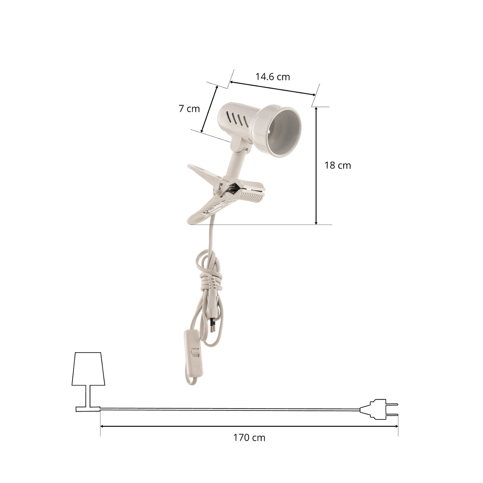 KD White klemmelampe med stik, E27-fatning