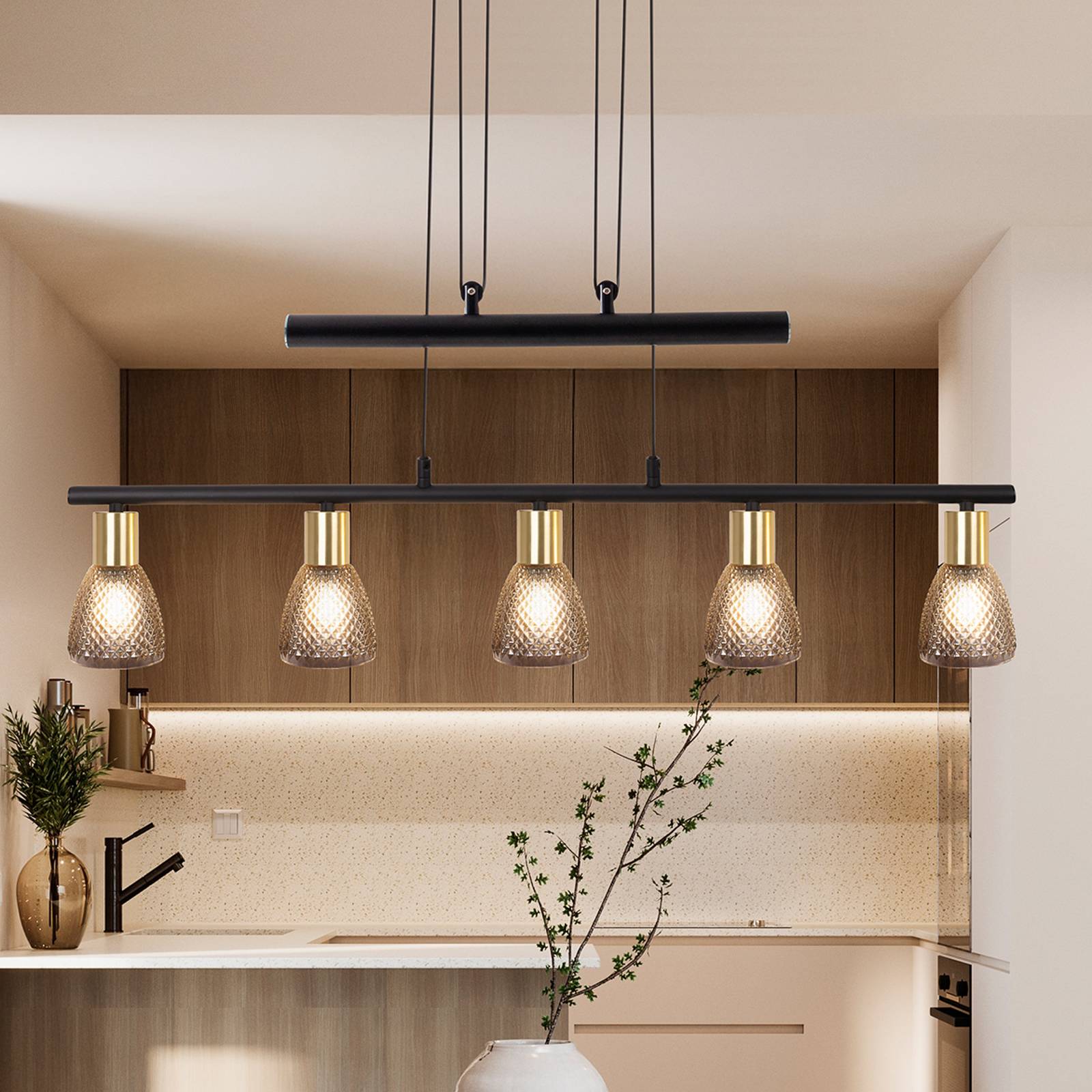 Żyrandol Lindita, 5-punktowa, szkło, szary dymny, E14, regulowana