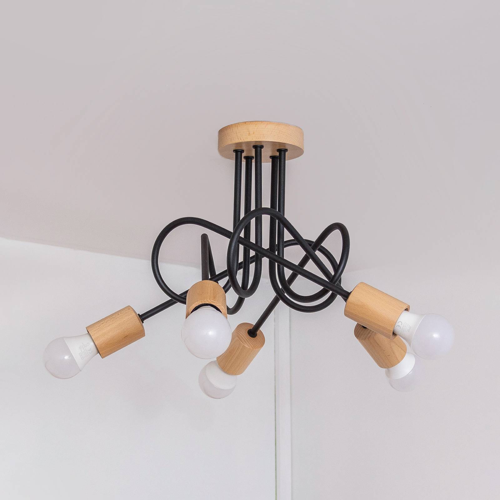 Deckenlampe Oxford, schwarz, Holz, Metall, 5-fl,, Ø 47 cm günstig online kaufen