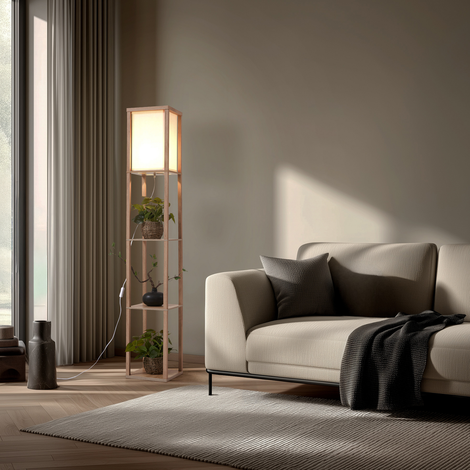 Birta gulvlampe, træfarvet/hvid, reol, træ - Lindby