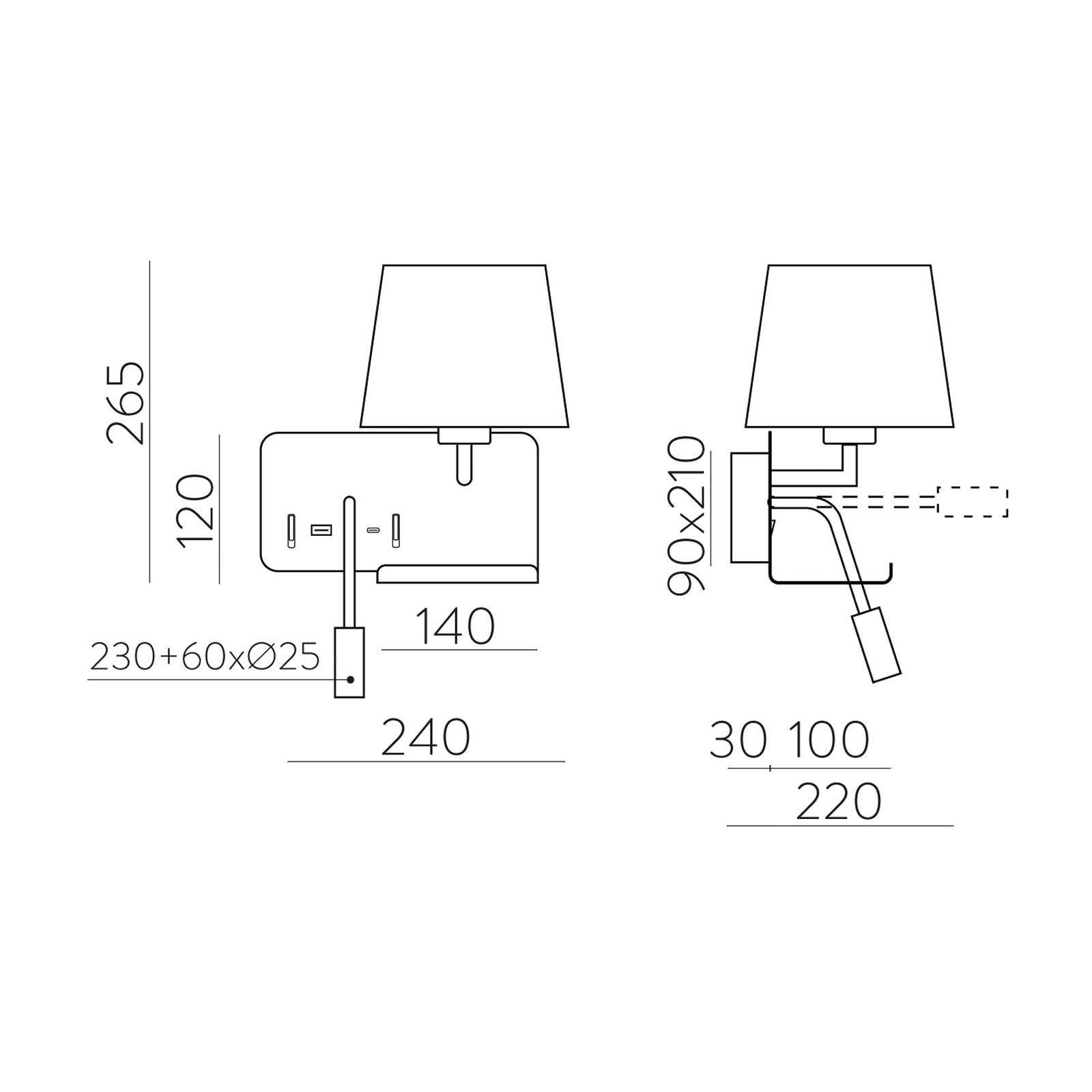 Hold-væglampe højre hvid/sort læselampe USB-port