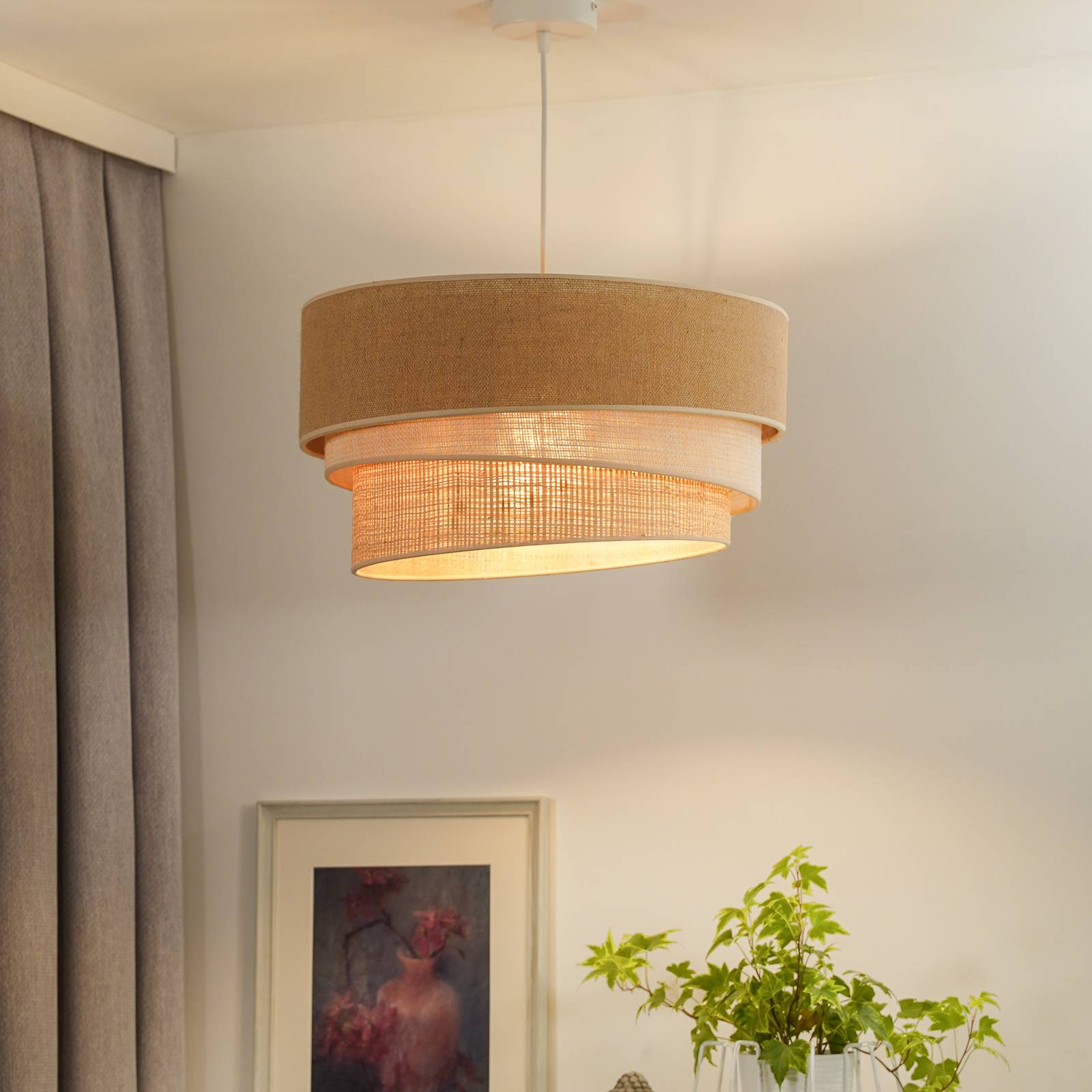 Lampa wisząca Euluna Trio Jute, naturalny brąz/biały/rafia, Ø 45 cm