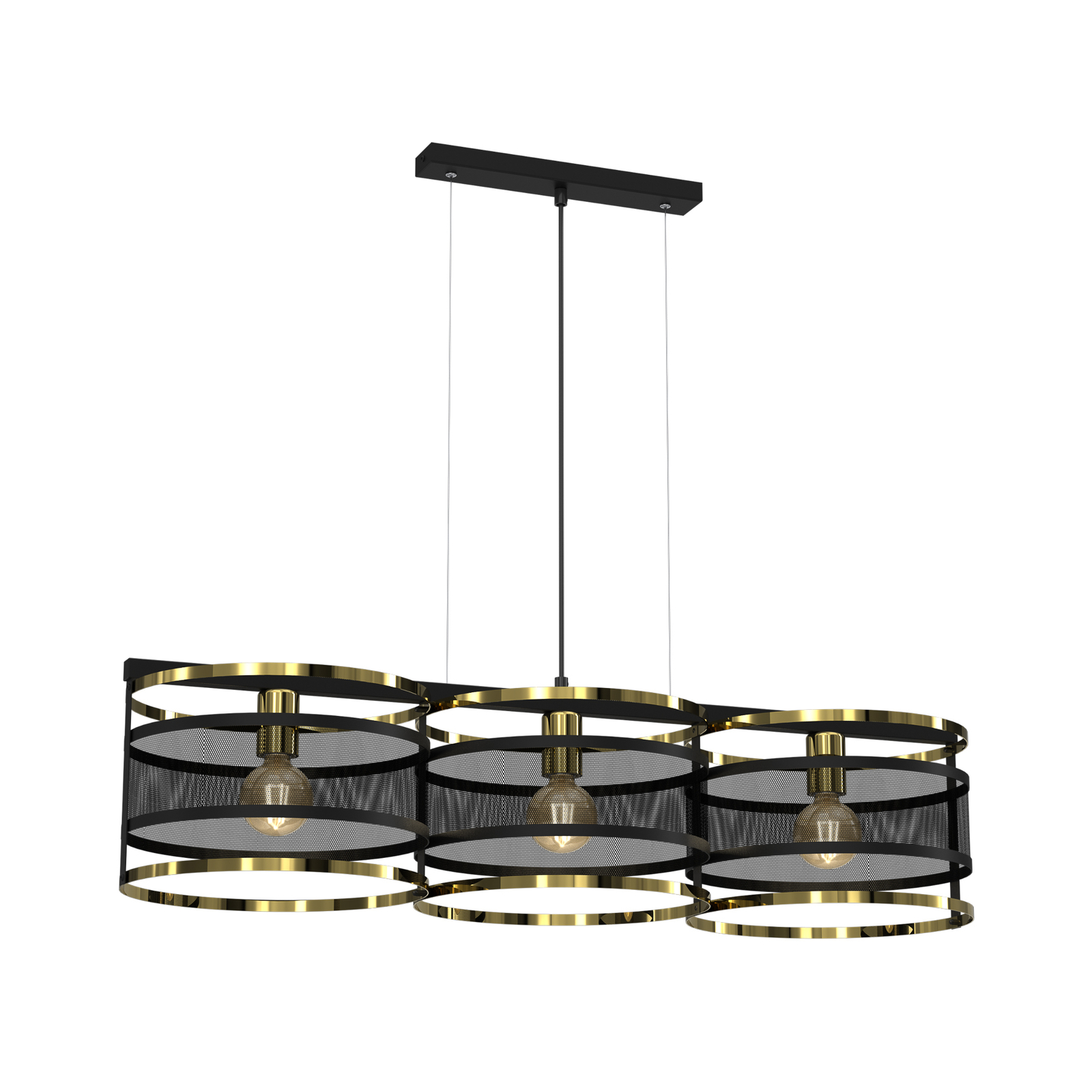 Hängeleuchte Lavinia, goldene Ringe, dreiflammig