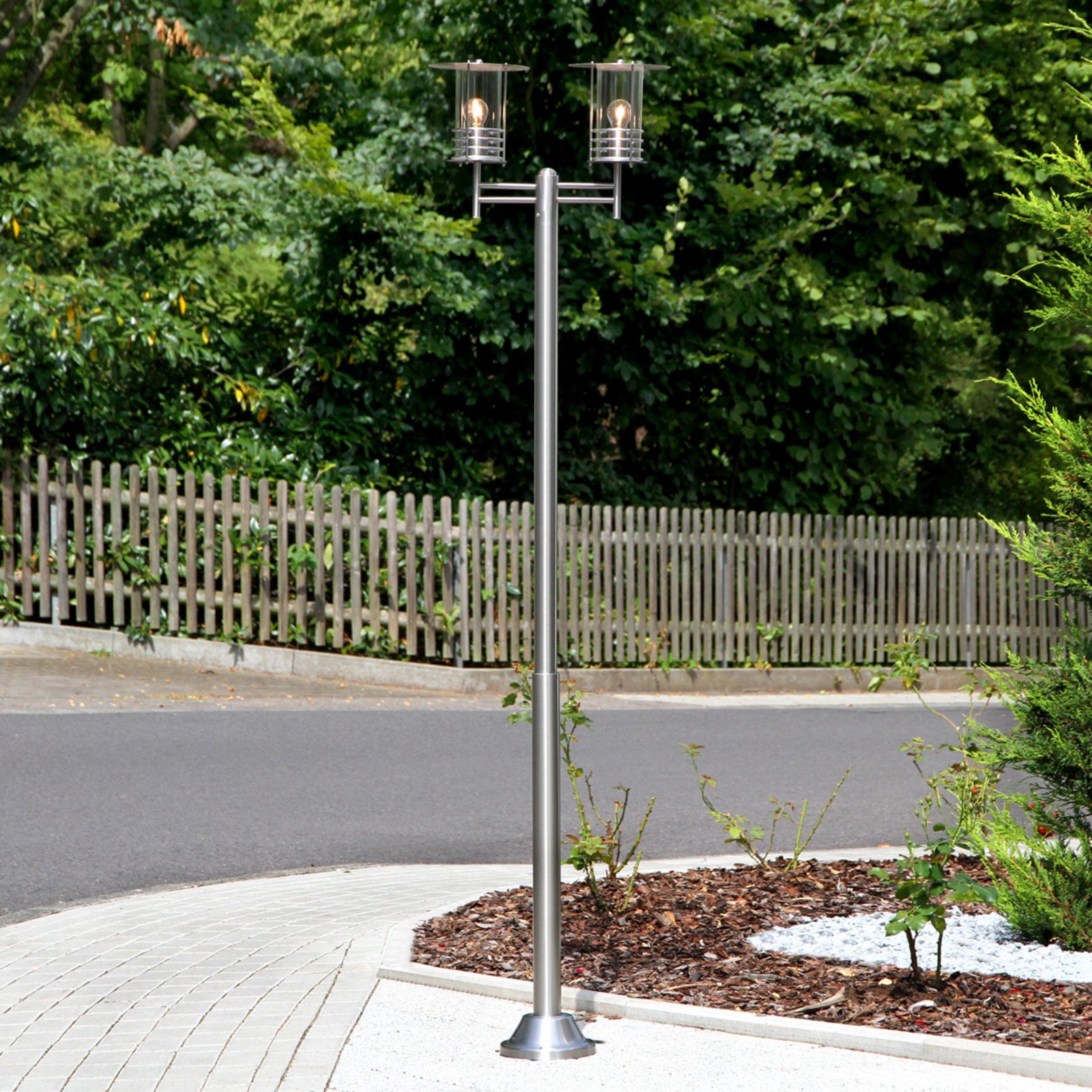 Lamp post Miko, stainless steel, 2-bulb