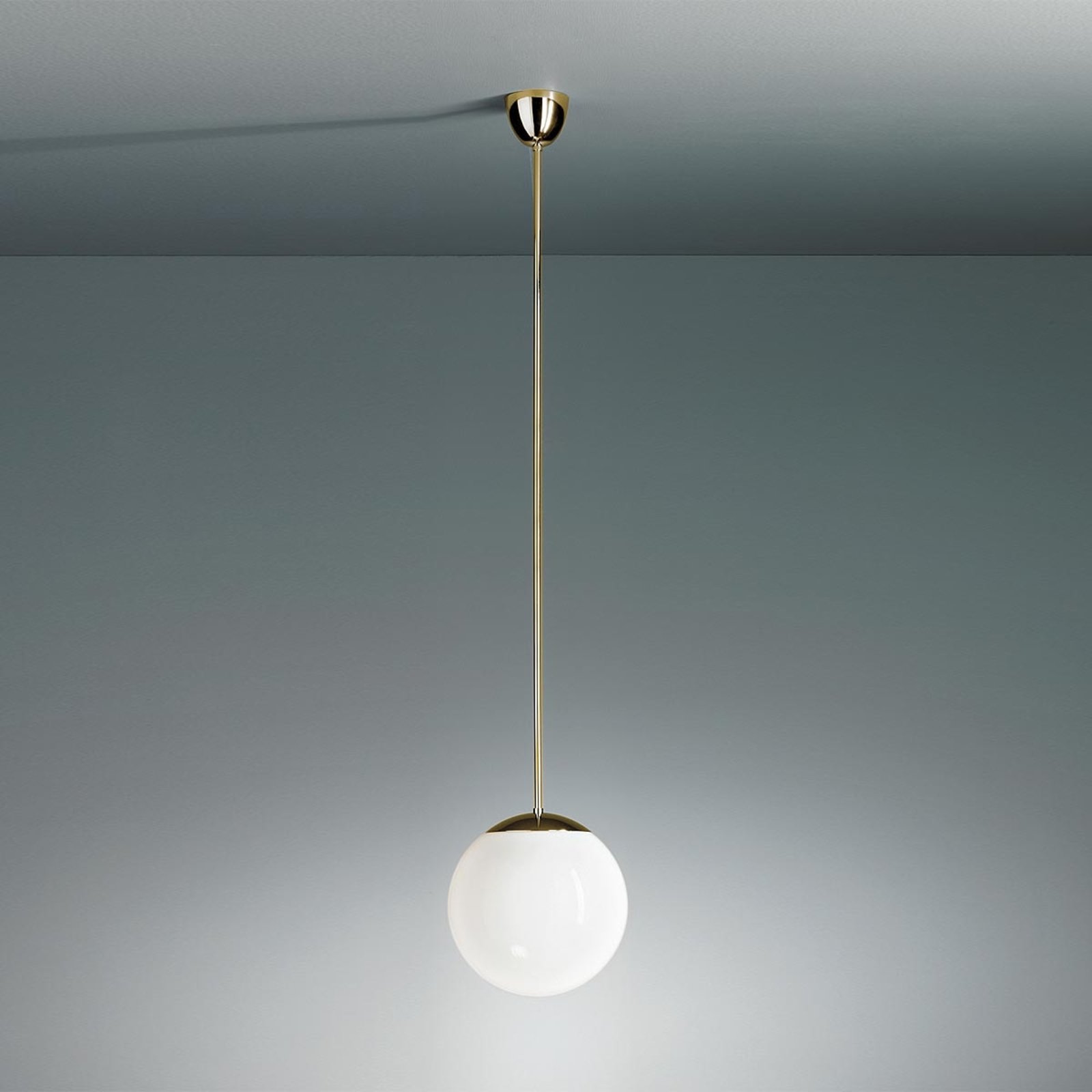 Pendant light with opal sphere, 25 cm, brass
