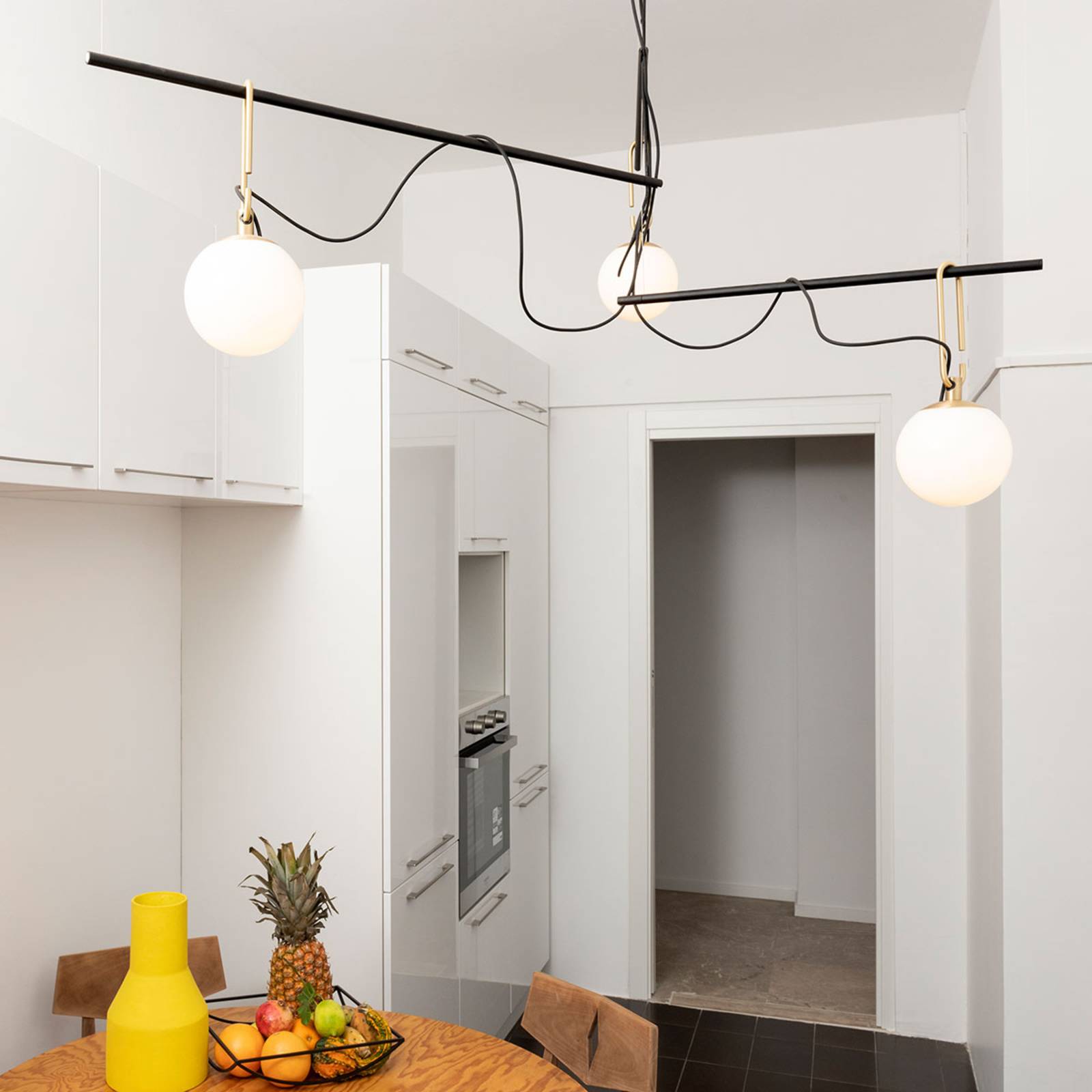Artemide nh S3 14 hanging light, 3-bulb, for Living / Dining Room, glass, brass, E14, 5 W, energy efficiency: A++, L: 135 cm, W: 135 cm, H: 67.2 cm