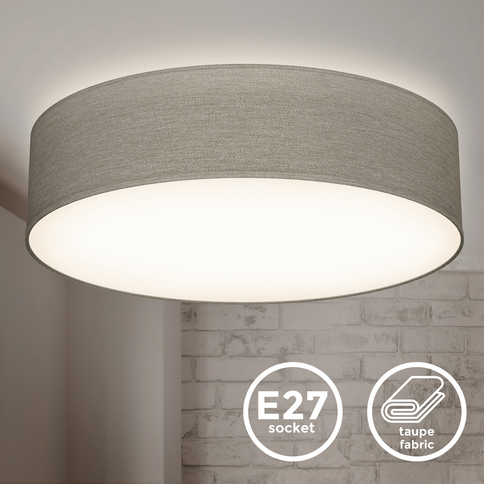 Plafondlamp Litora, taupe, Ø 38 cm, textiel, E27 Plafondlamp Litora, taupe, Ø 38 cm, textiel, E27