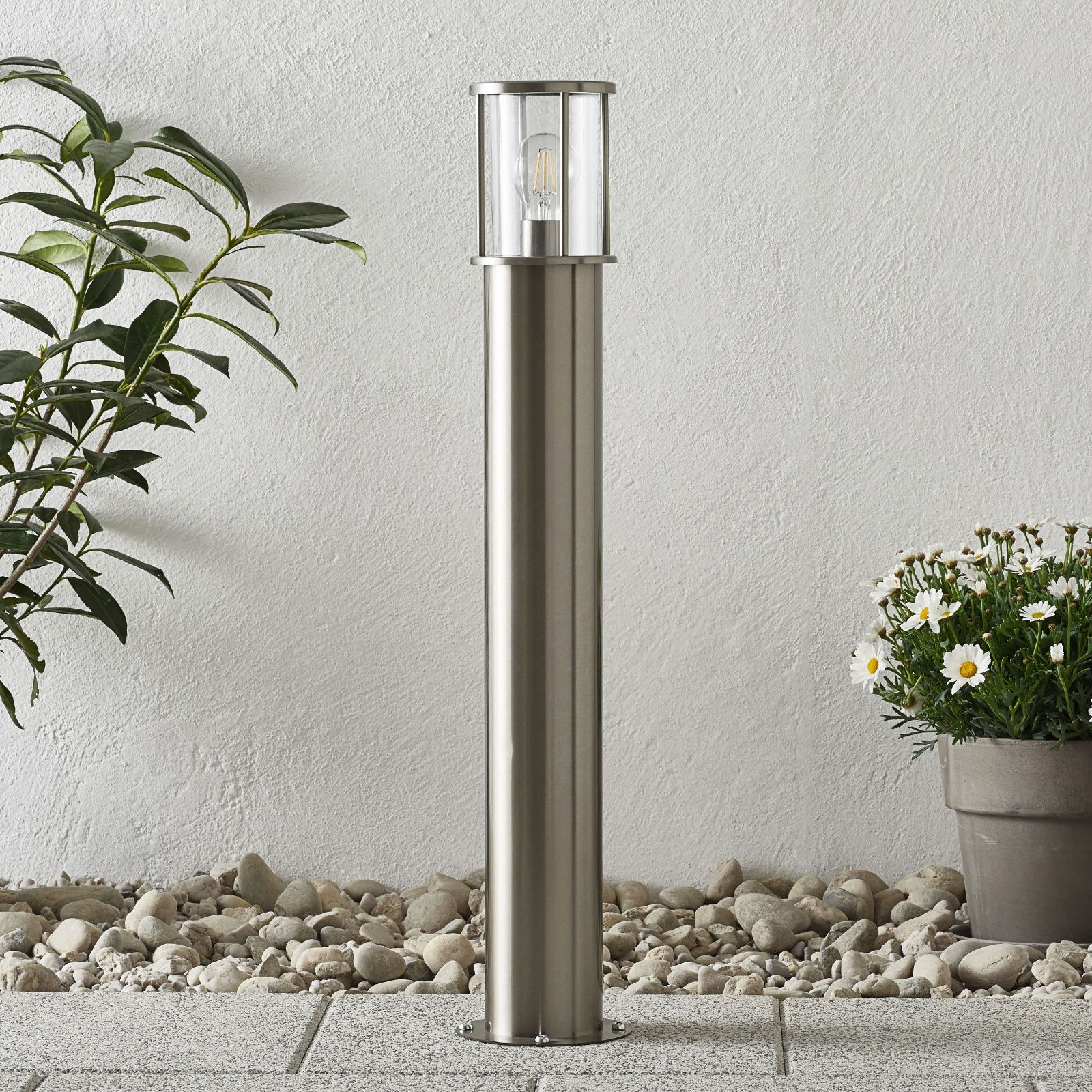 Lindby Cylindrical stainless steel bollard light Minna, stainless steel, polycarbonate, E27, 20 W, energy efficiency: A++, H: 80 cm