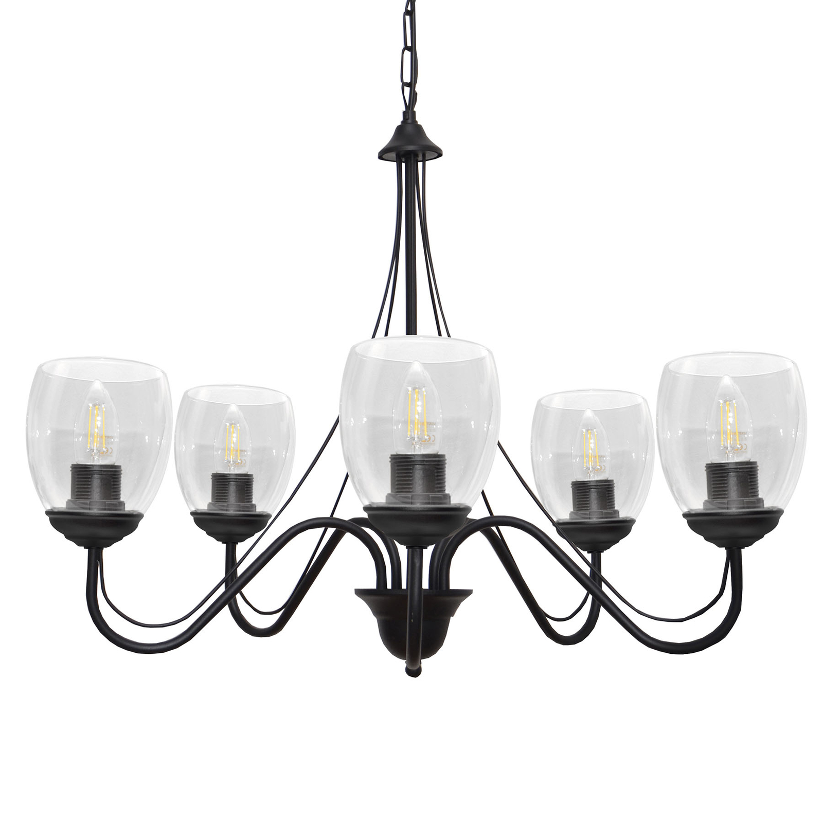 Helam Allena lysekrone 5 lkld, sort, transparent glas - pendel lampe stue/spisestue - sort, transparent - jern, glas
