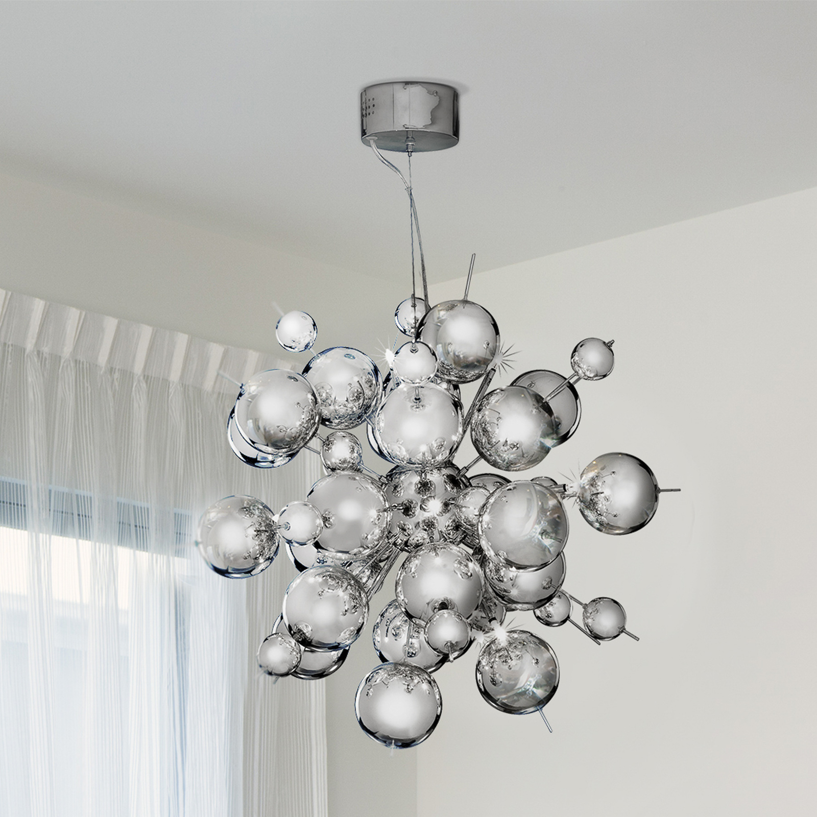 Molecule pendant light, chrome-coloured, metal, 12-bulb, G4