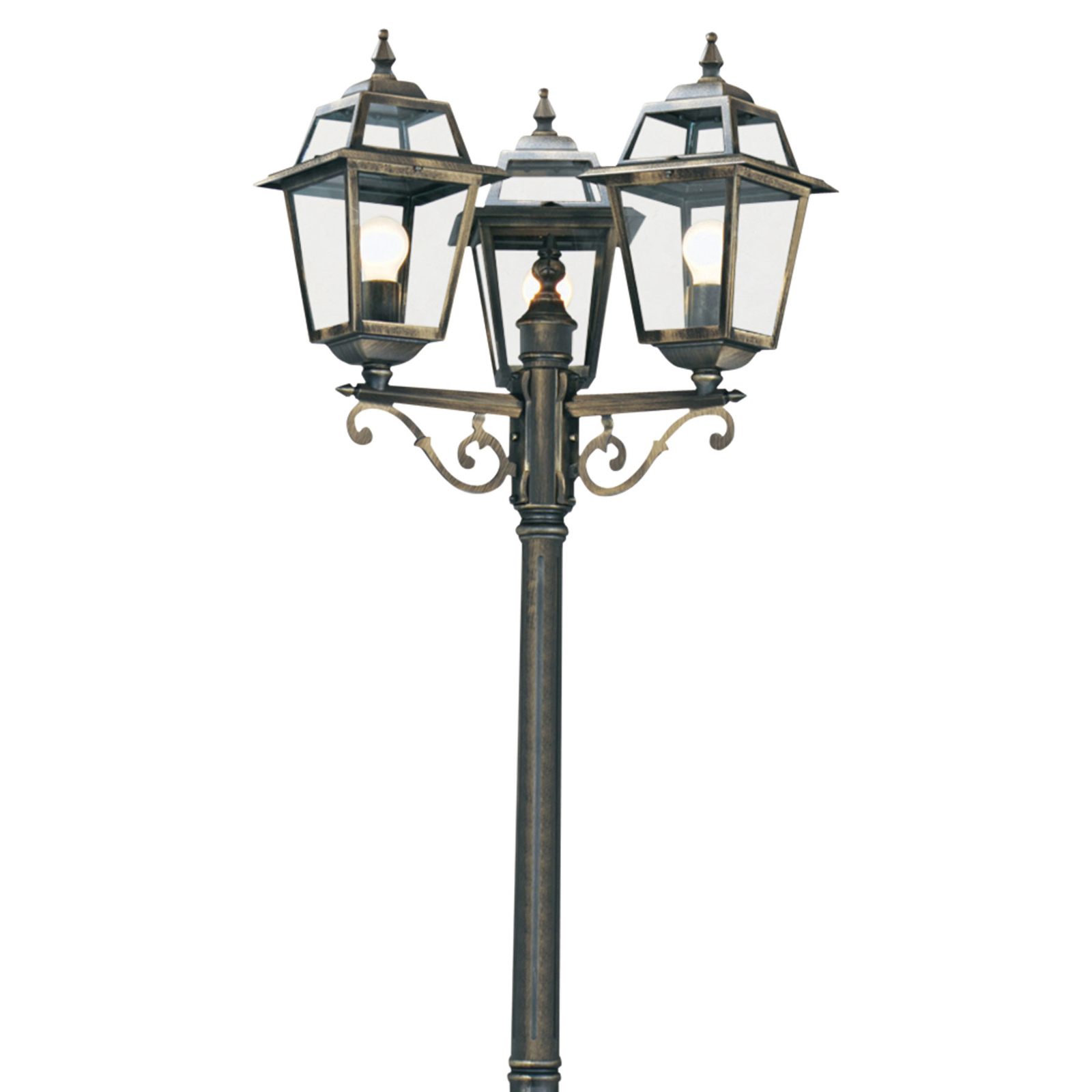 New Orleans lamp post, black-gold, three-bulb