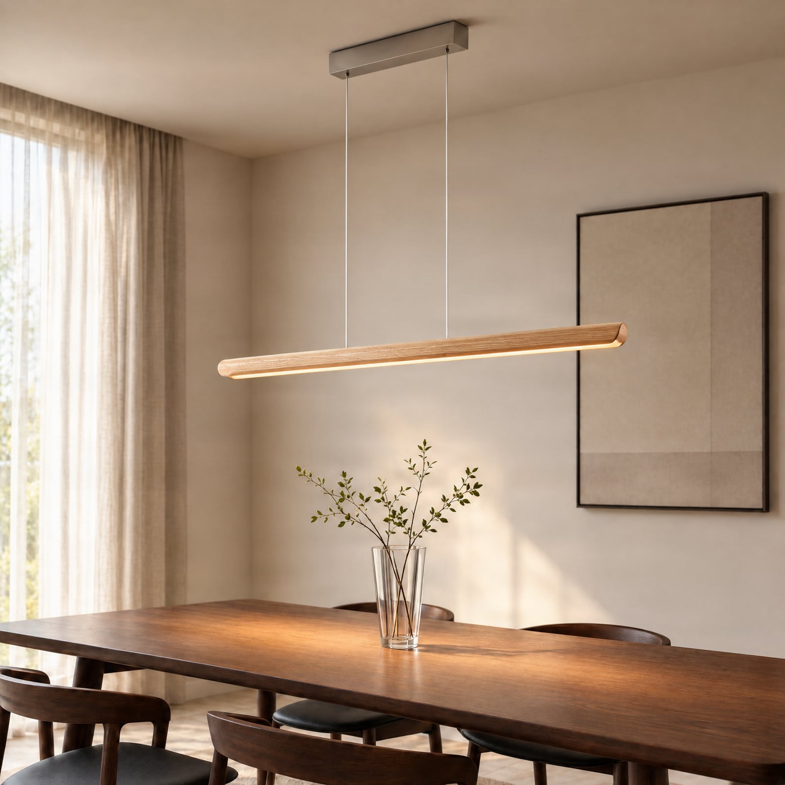 Callahan LED hanging light, light-coloured wood, length 115 cm - Lucande Callahan LED hanging light, light-coloured wood, length 115 cm - Lucande