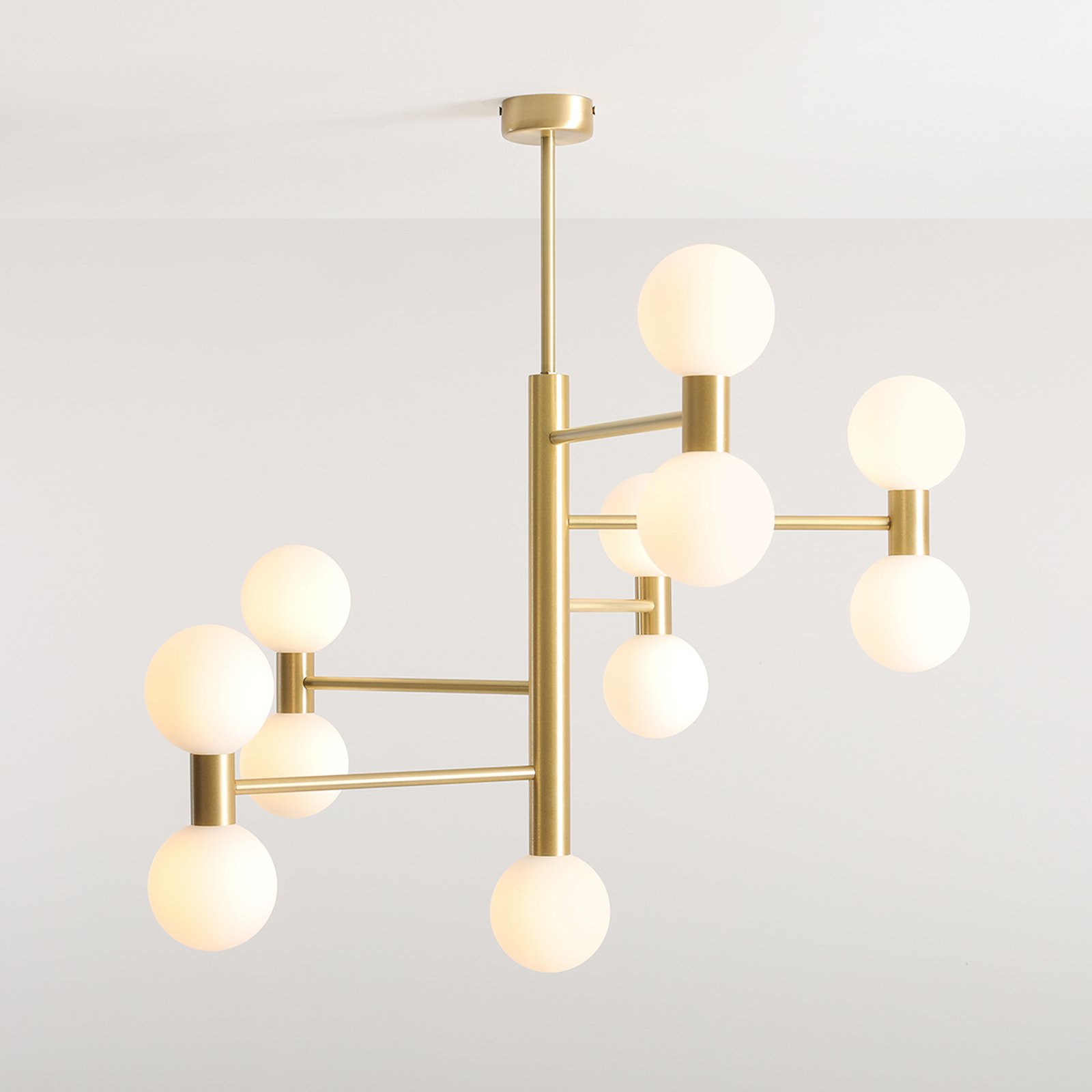 Flare pendant light, 11-bulb, brass/opal white, glass