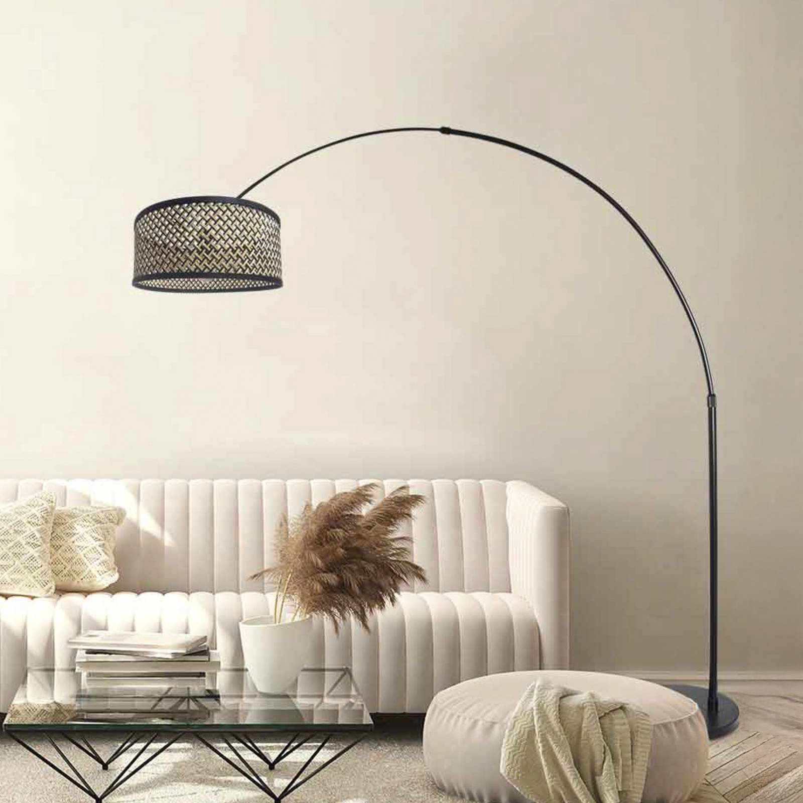 Steinhauer Lampadaire arqué Sparkled Light, noir / tressage noir et bois