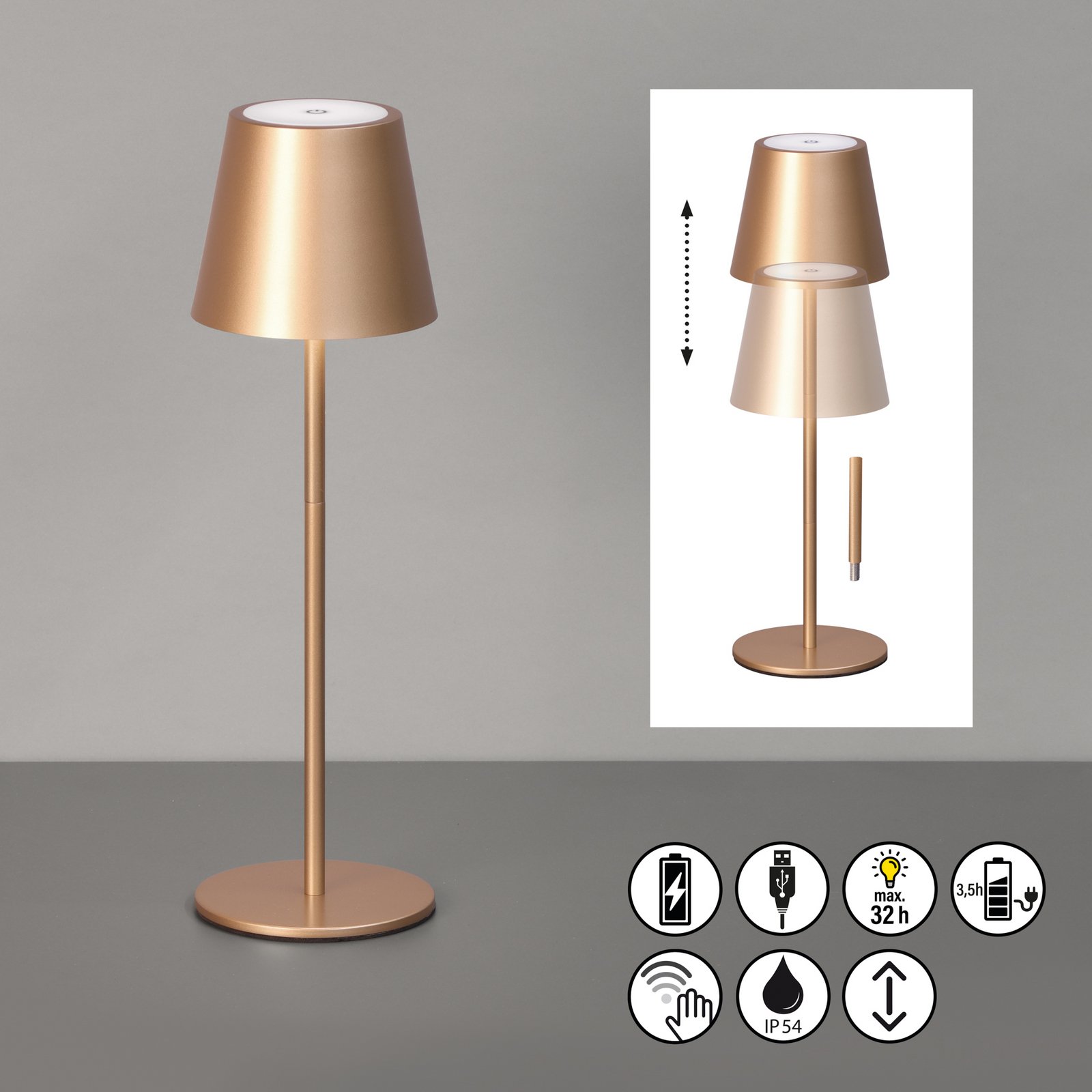 LED-Akku-Tischleuchte Viletto, kaffeebraun, IP54