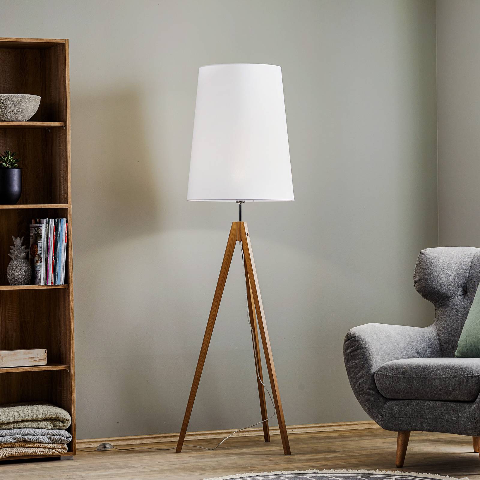 TK Lighting Lampadaire Walz support trépied abat-jour blanc