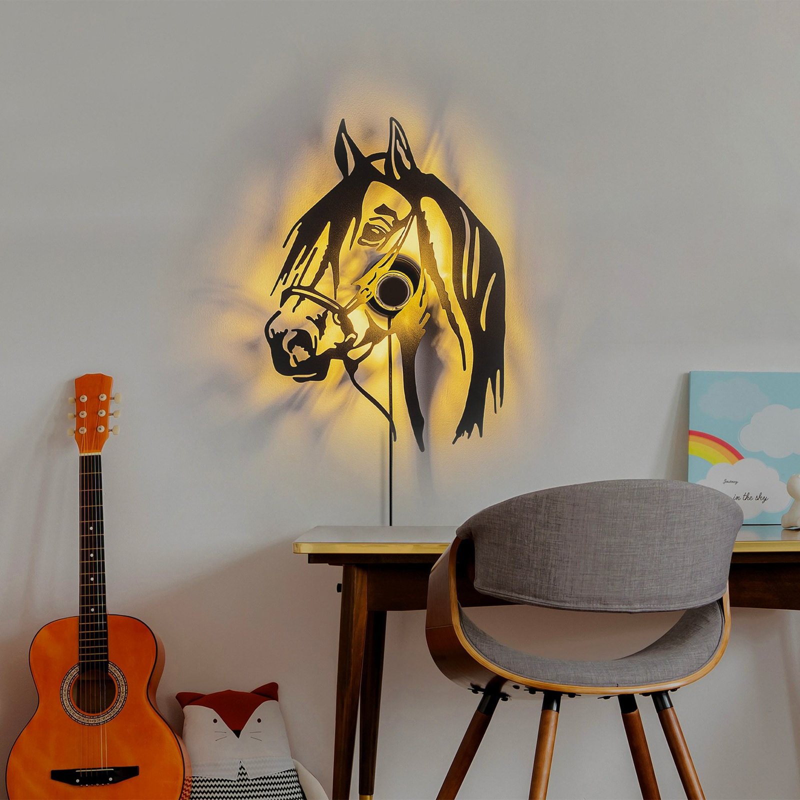 Horse wall light, black, metal, 57 x 41 cm, plug cable