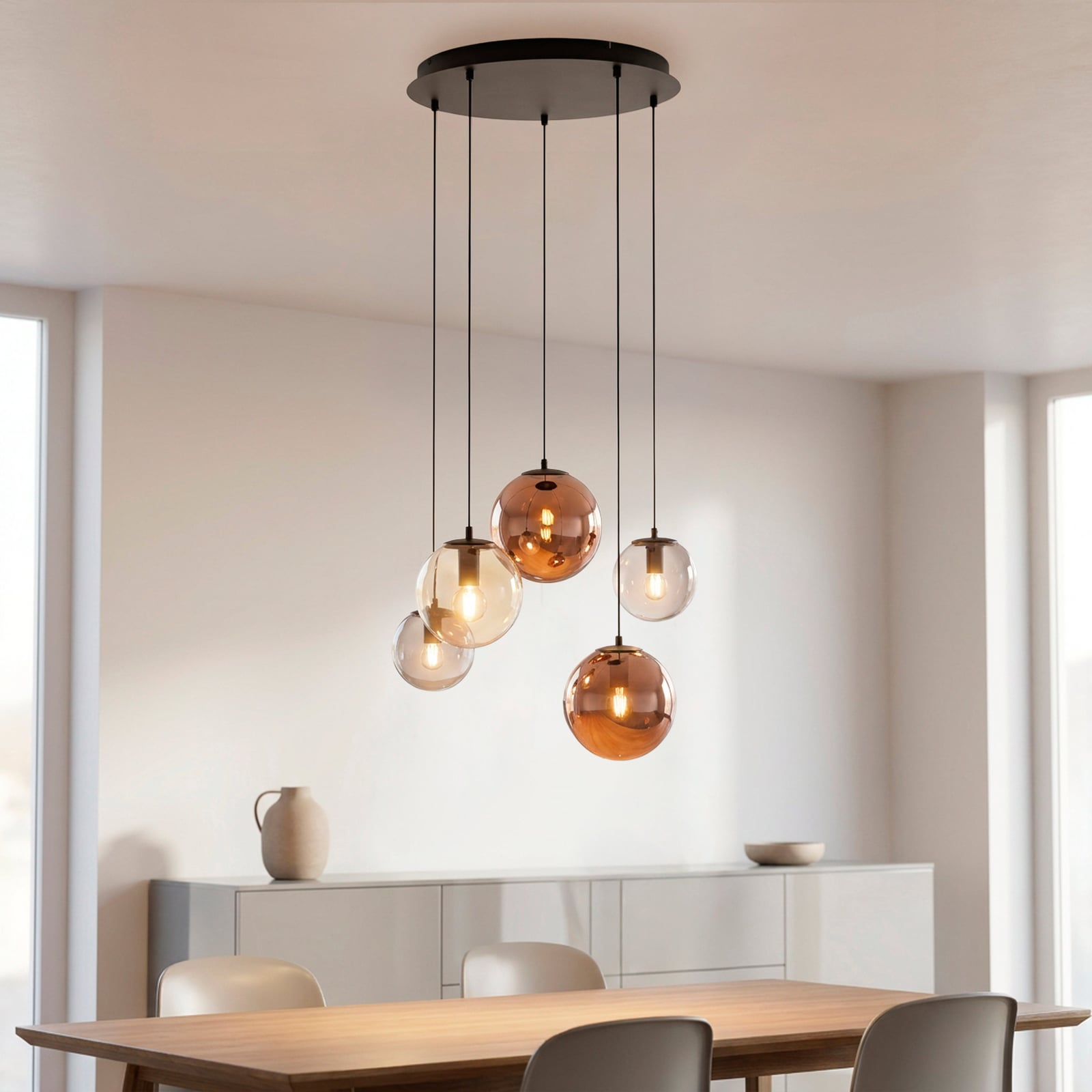 Shiny-riippuvalaisin, 5-lamppuinen, pyöreä, monivärinen, lasi, E14