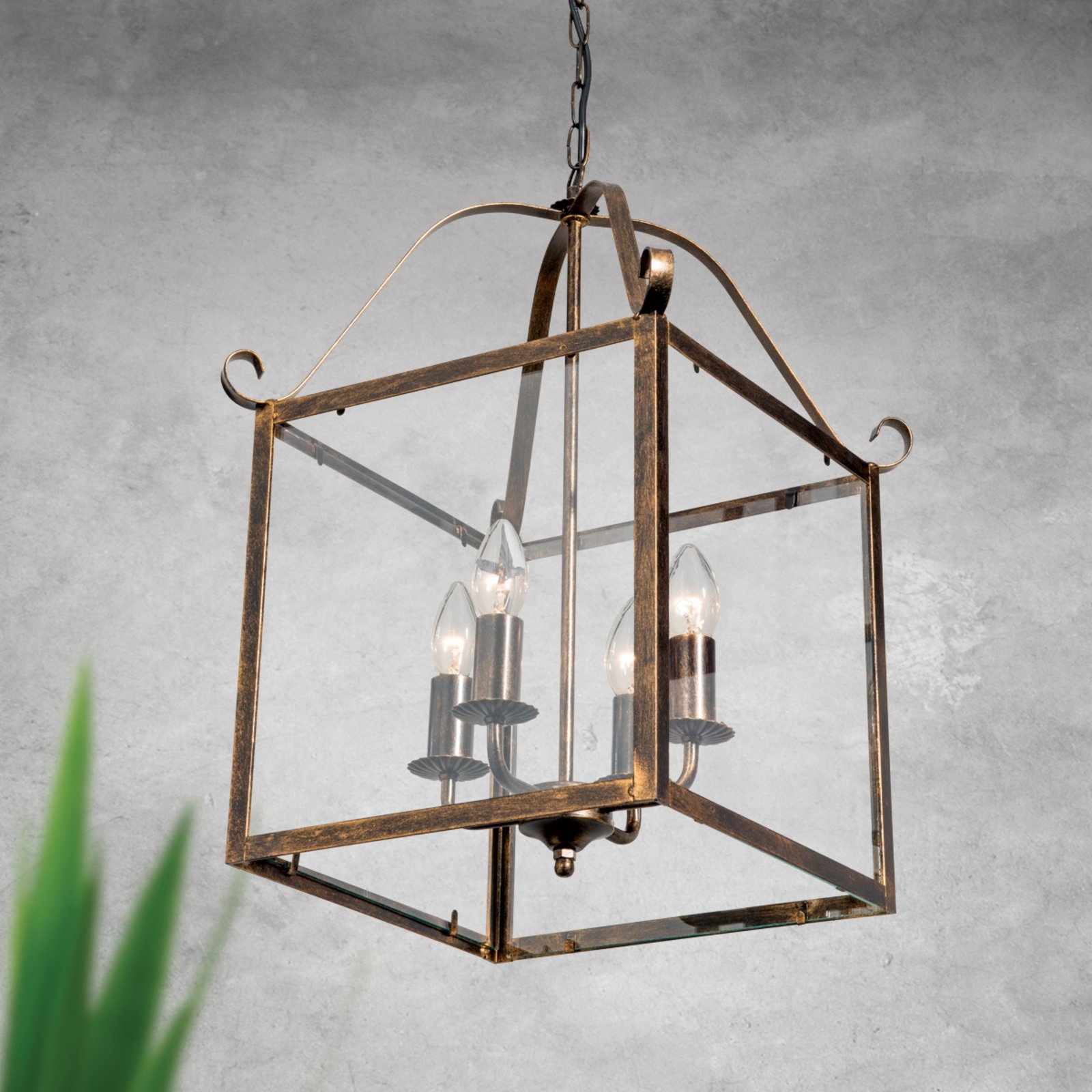 Hanglamp Manto, hoekig, goud antiek, 4-lamps