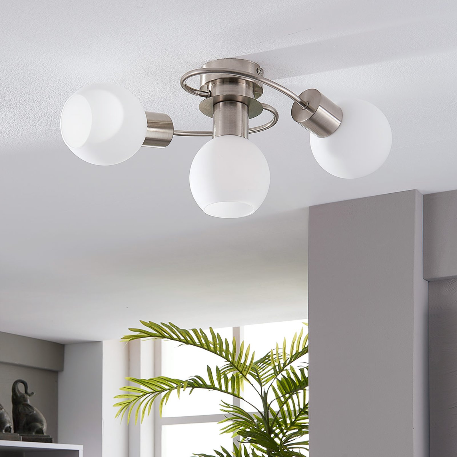 Lindby Ciala ceiling light, 3-bulb, nickel-coloured, glass