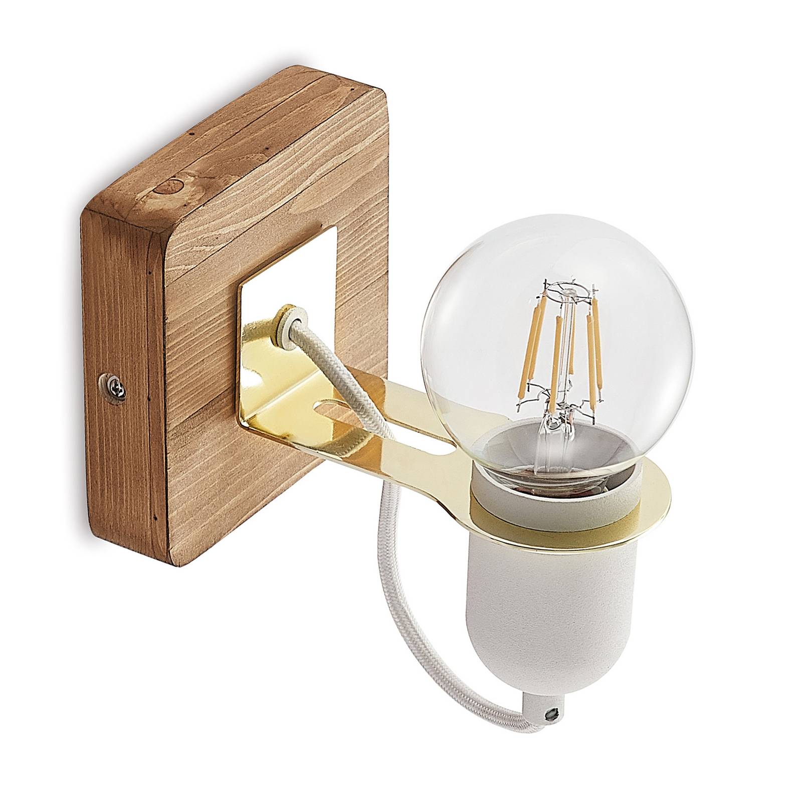 Lucande Becky wall spotlight, one-bulb, white, for Living / Dining Room, iron, pine wood, E27, 60 W, W: 12 cm, H: 16.5 cm