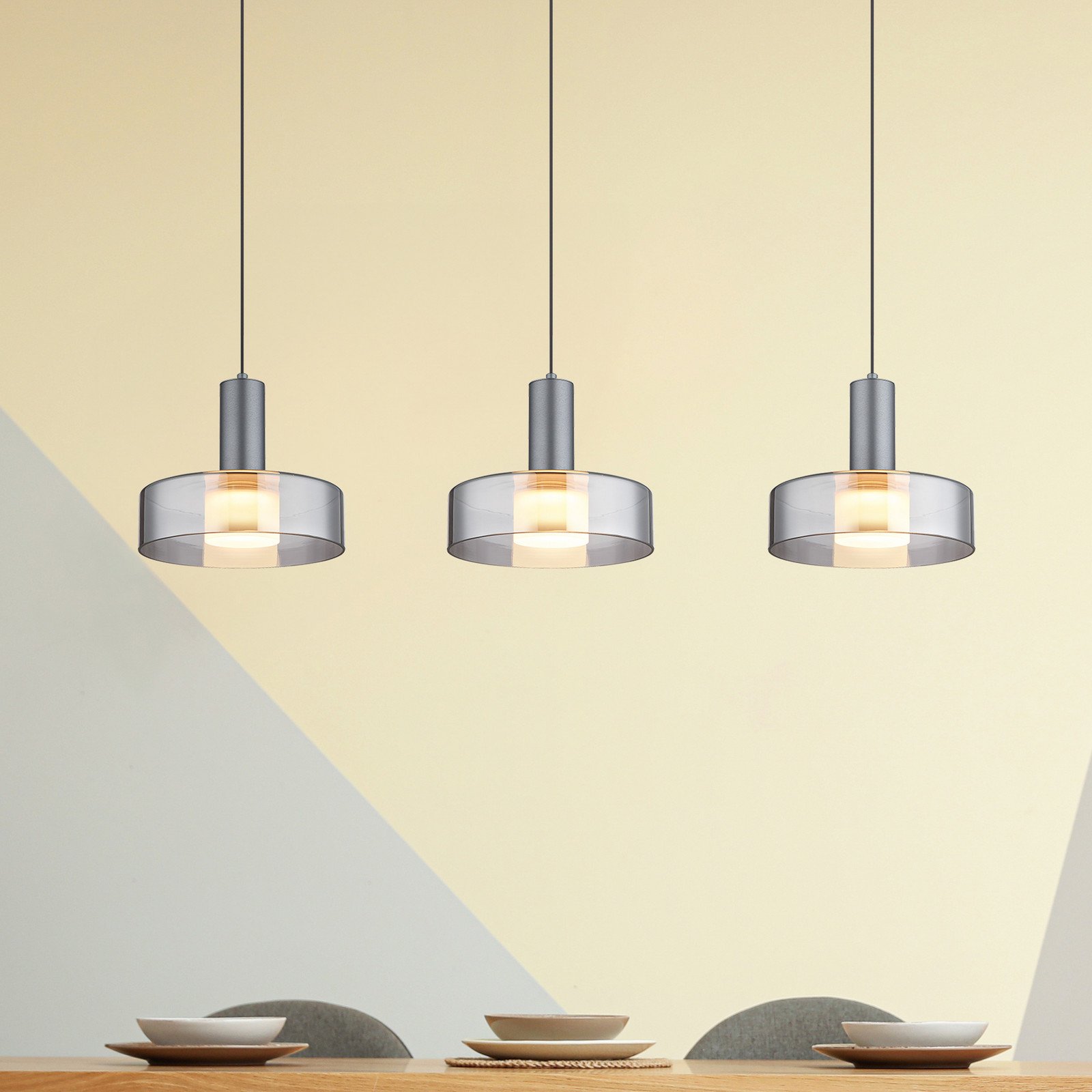 Globo Grant Lampă suspendată LED lungime 90 cm gri fum 3 becuri sticlă - Camera de zi / sufragerie - gri mat gri fum satinat - Aluminiu