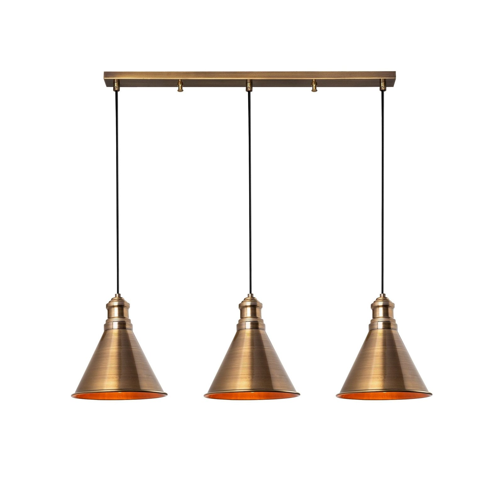 Hanglamp Sivani MR-314, goud antiek, ijzer 3-lamps lineair