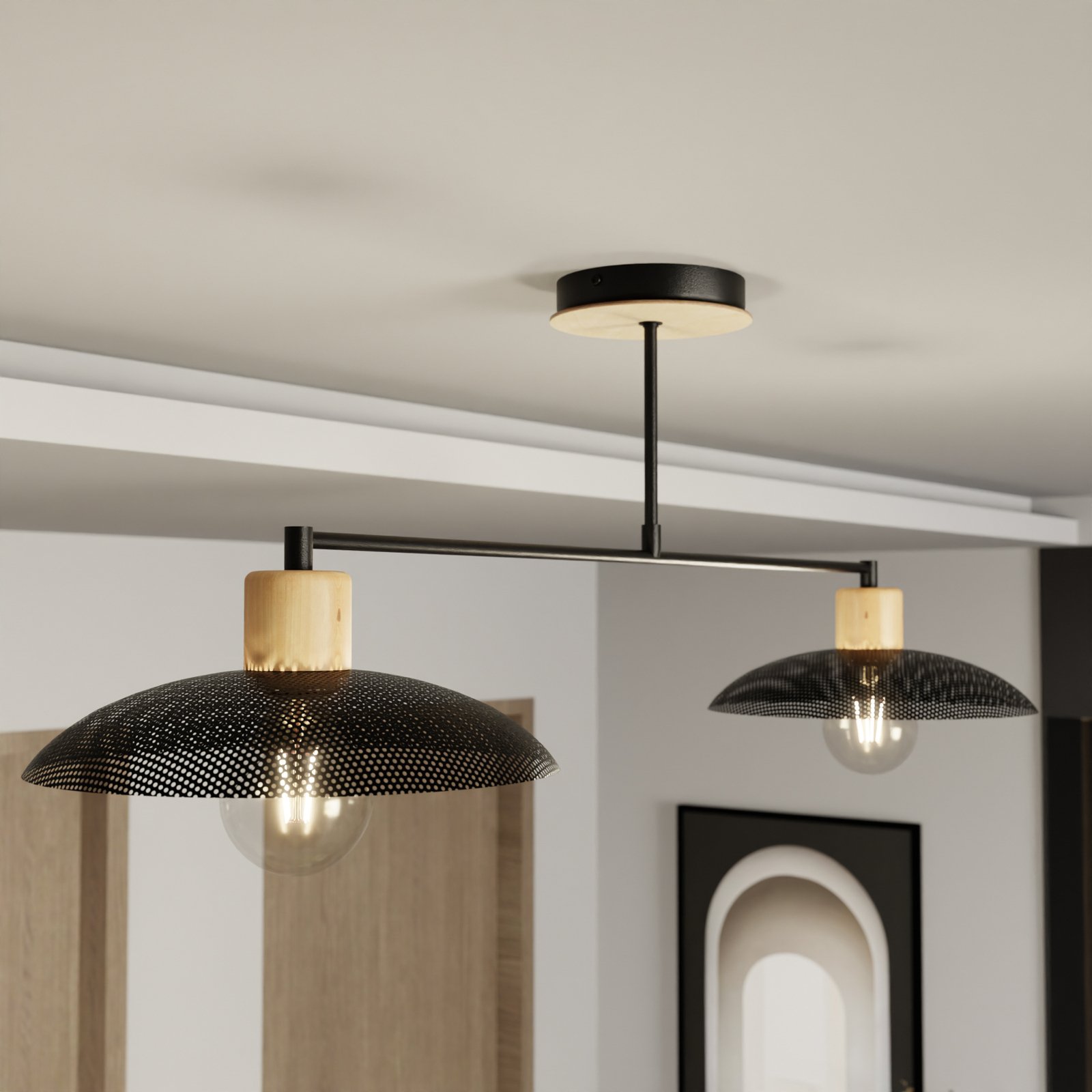 Plafón Kobe, 2 luces, acero, madera, negro