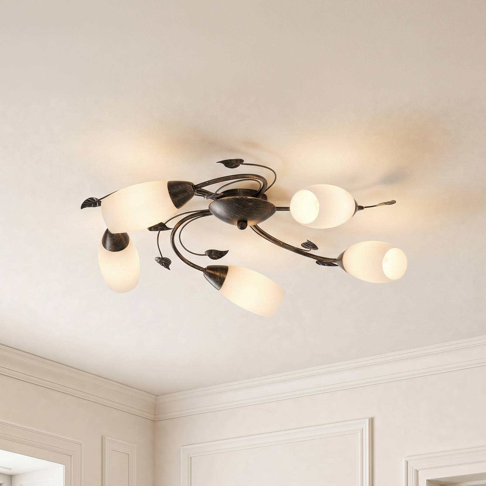 Lindby plafonnier Stefania, 5 lampes, noir/or, Ø58cm
