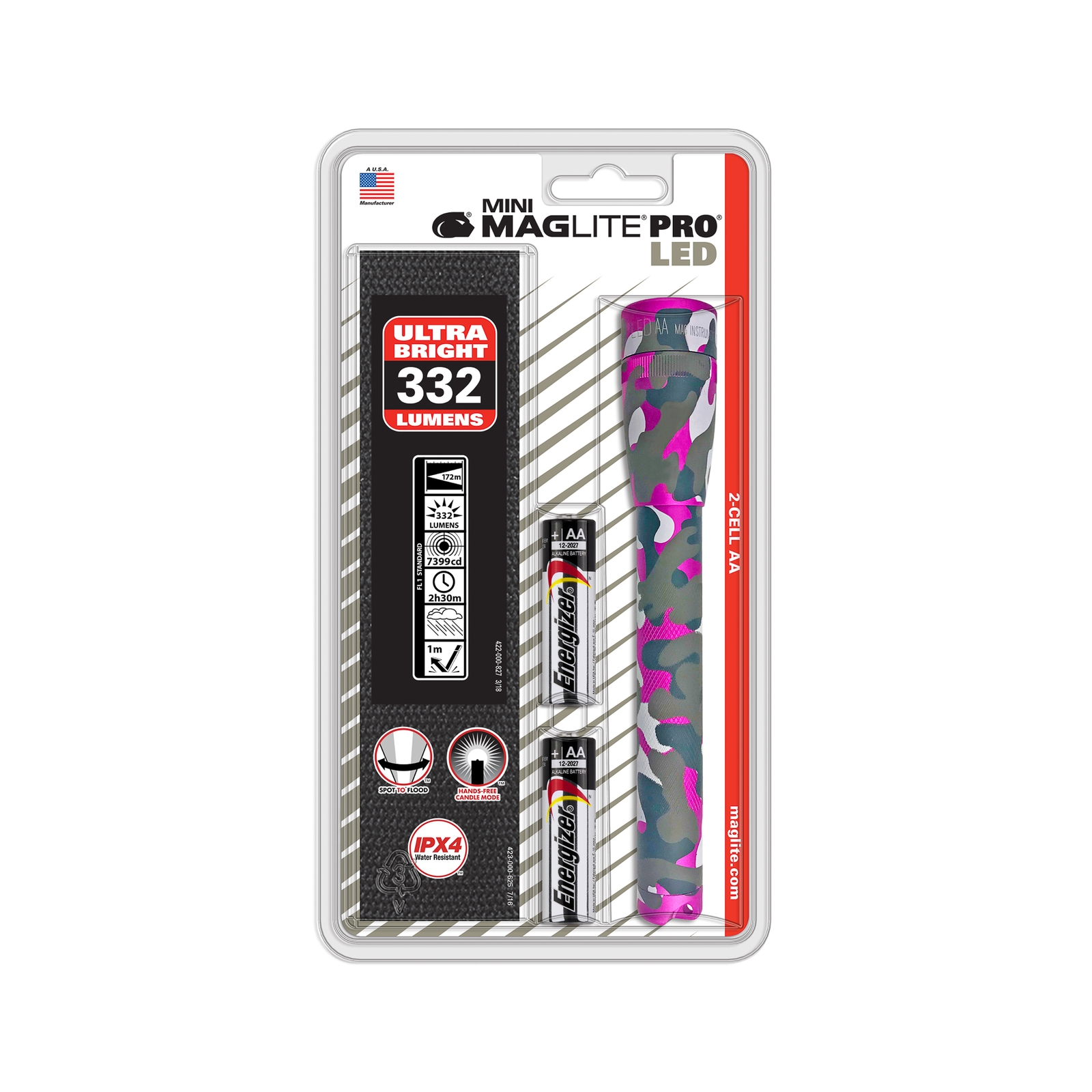 Maglite LED-lommelykt Mini Pro, 2-cellers AA, rosa kamuflasje