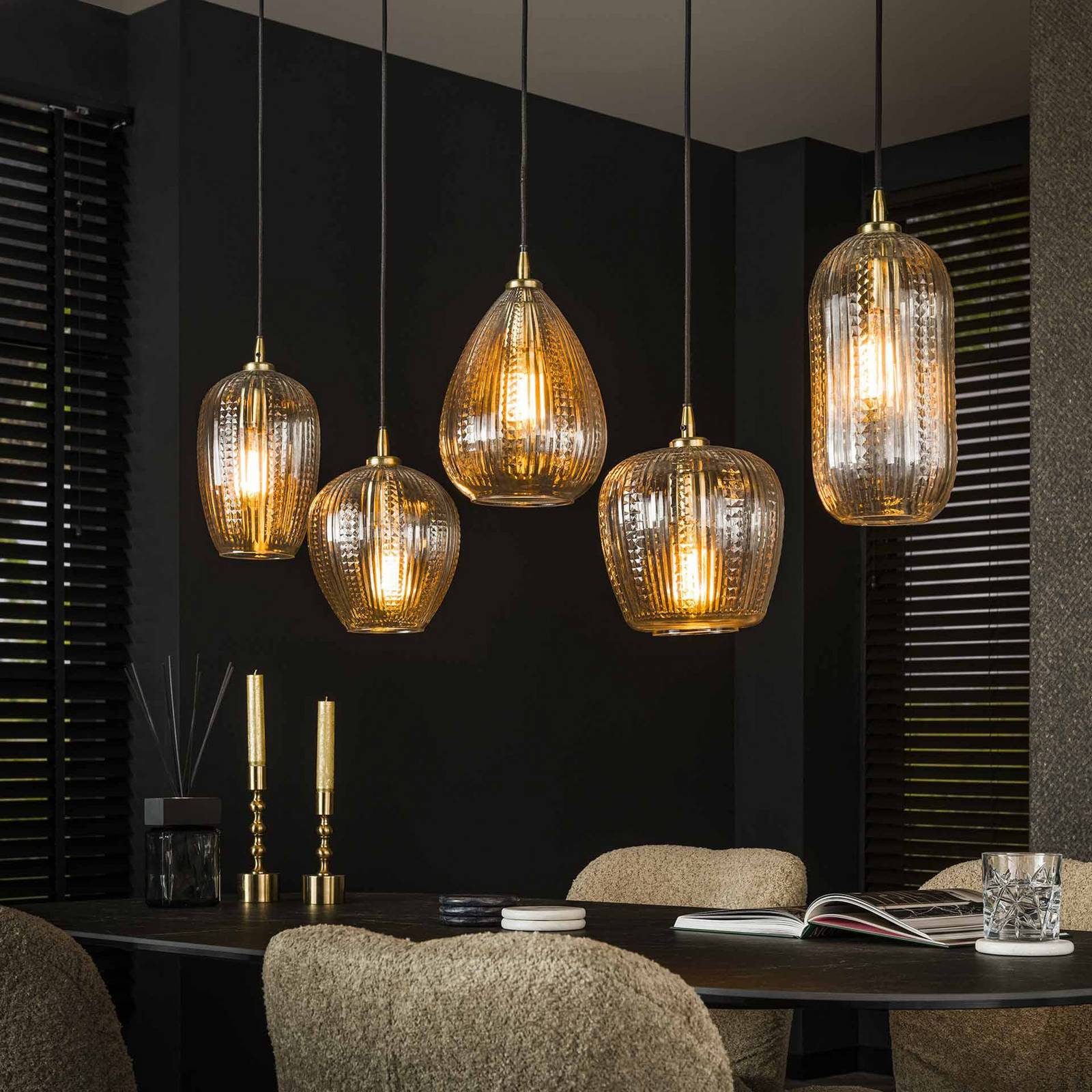 Lampa wisząca Riffleglass mix, 5-punktowa, szkło, przezroczysty, antracytowy