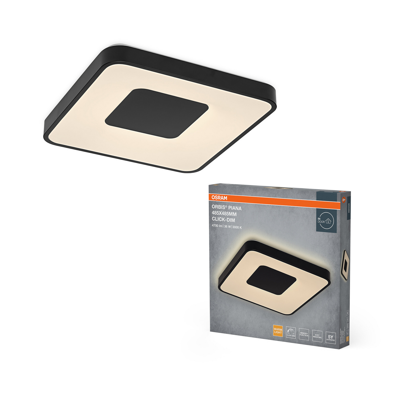 Φωτιστικό οροφής LED OSRAM ORBIS PIANA, μαύρο, 49x49 εκ., clickdim Φωτιστικό οροφής LED OSRAM ORBIS PIANA, μαύρο, 49x49 εκ., clickdim