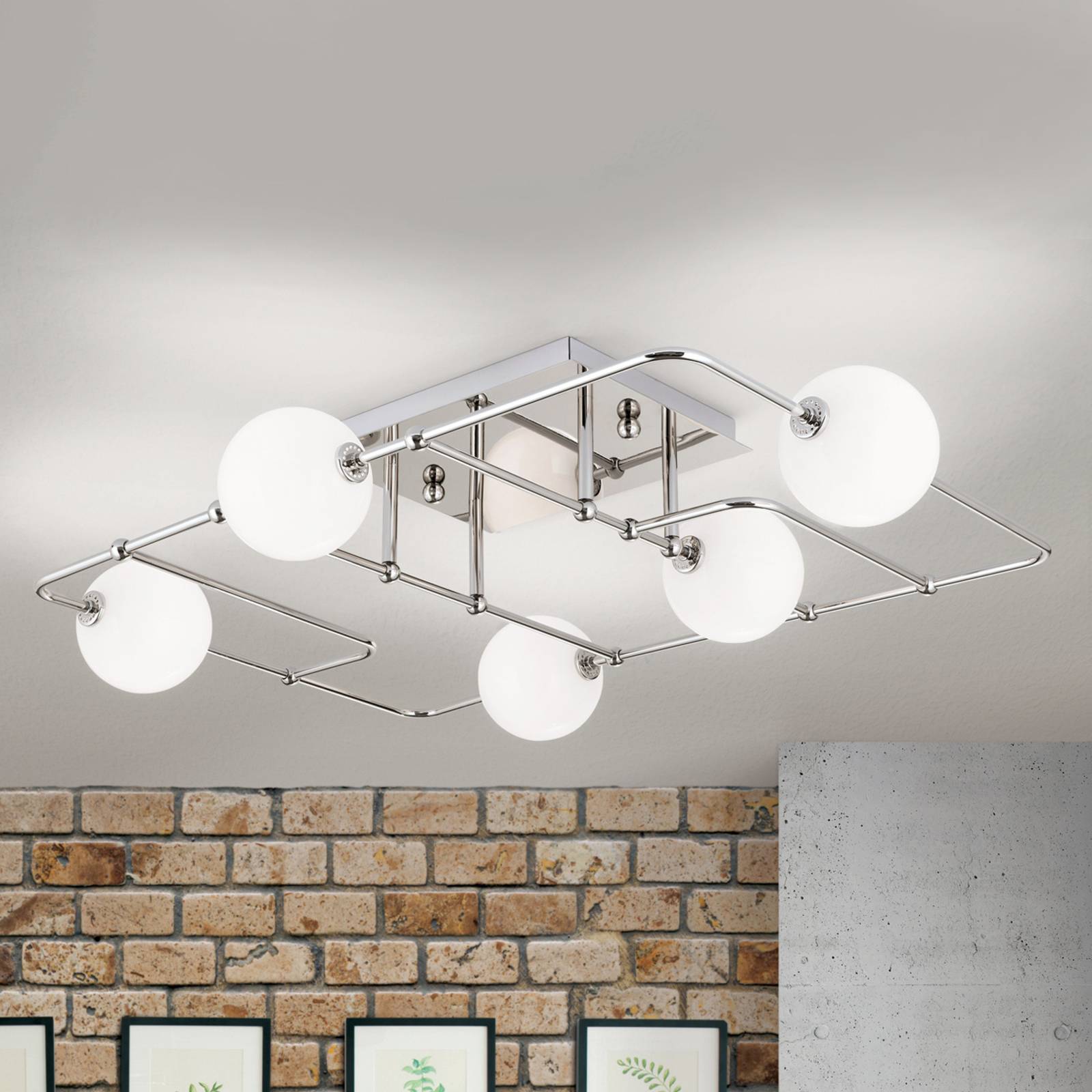 Pipes LED ceiling light, 5 glass balls, nickel
