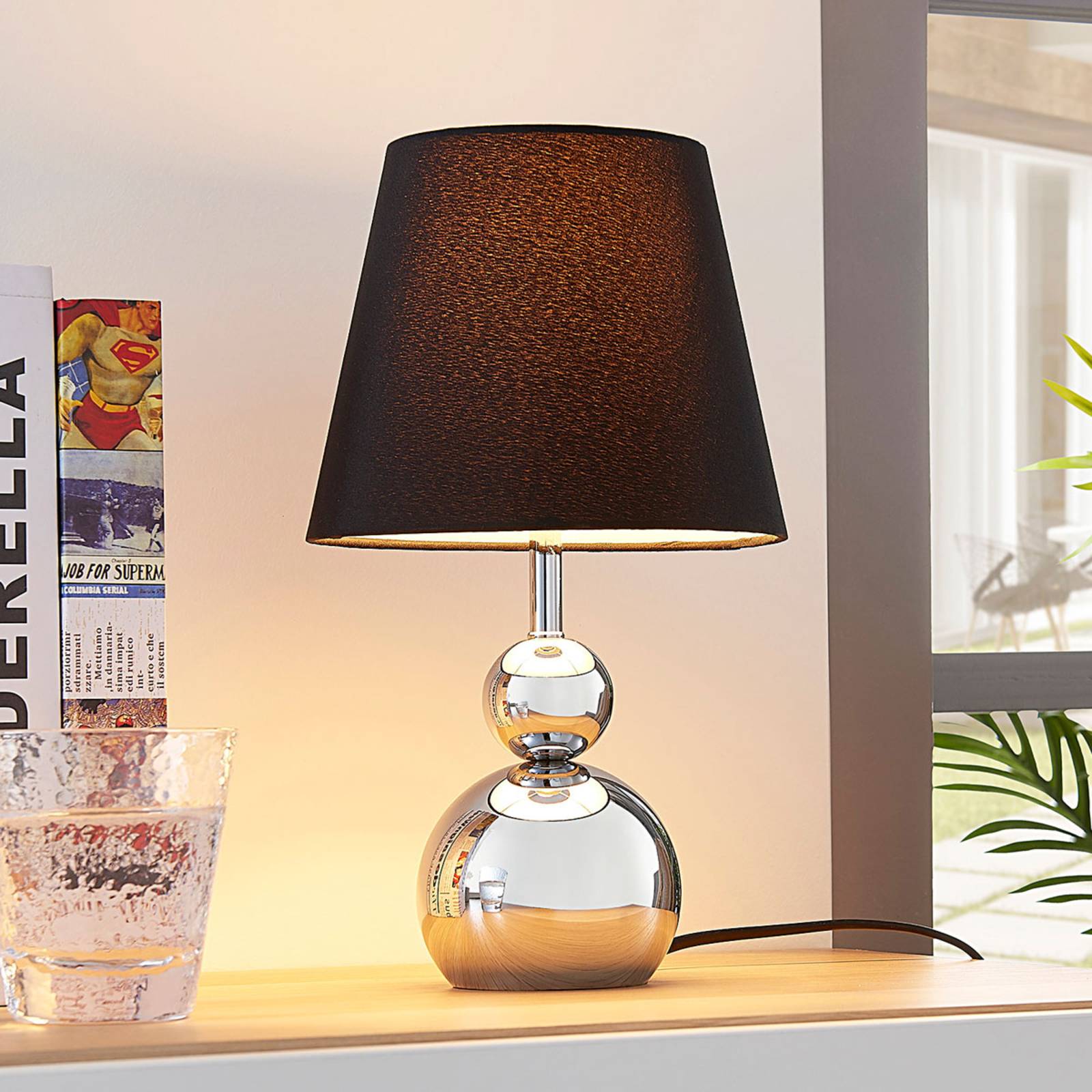 Lindby verchroomde textiele tafellamp Andor in zwart, voor slaapkamer, stof, metaal, E14, 40 W, H: 33 cm