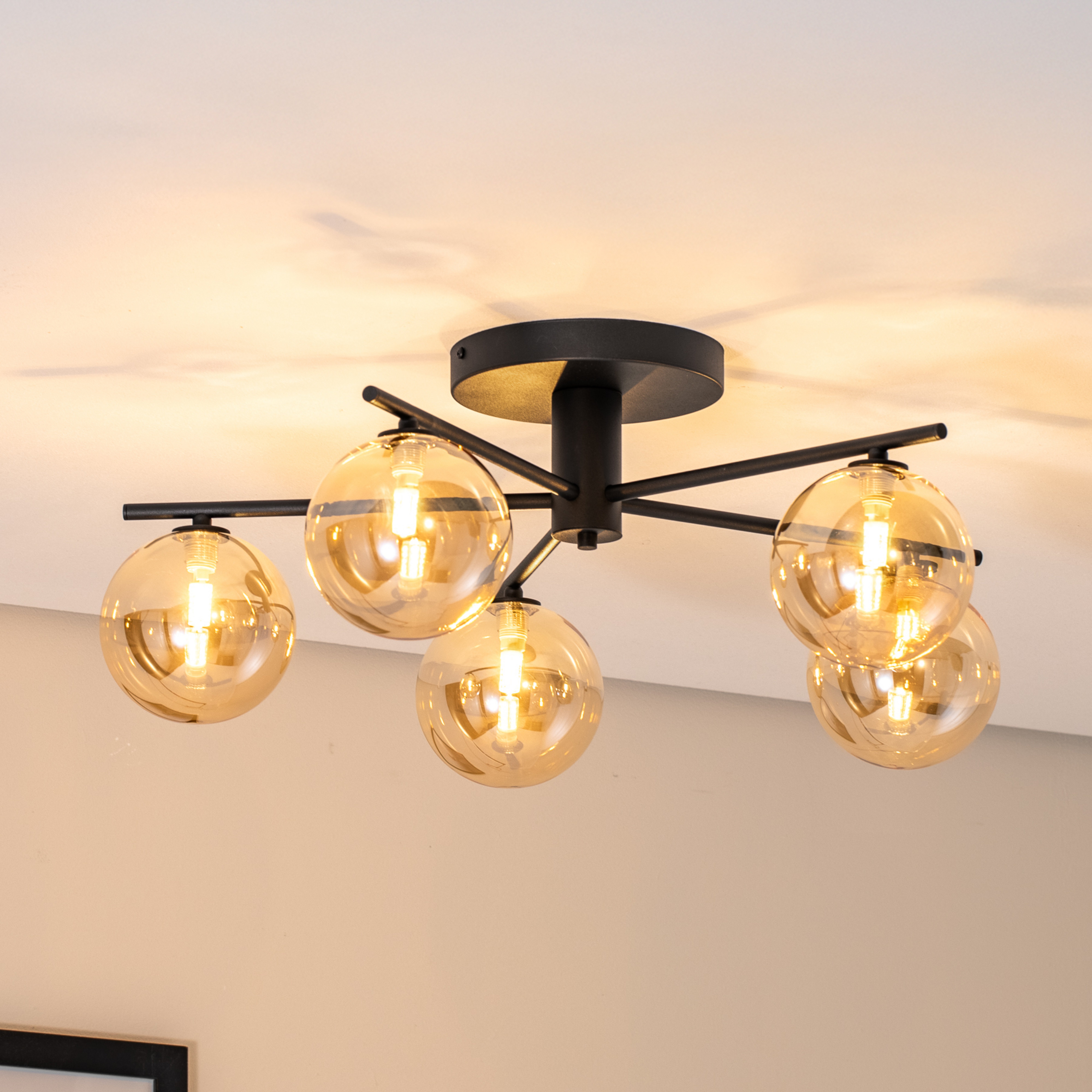 Plafón Prato, negro/ámbar, cristal, 5 luces