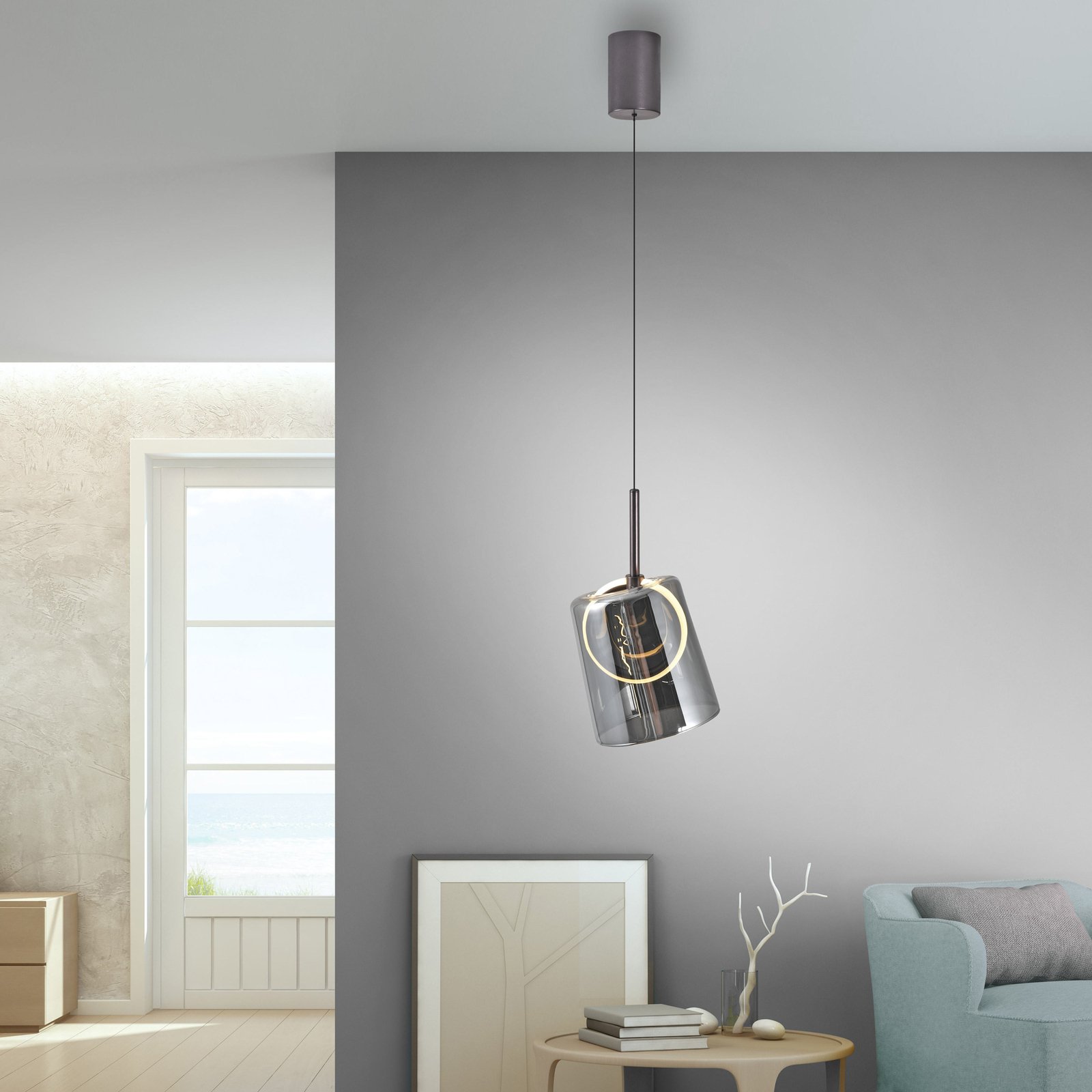 Paul Neuhaus Suspension LED Zula, gris fumé, Ø 15 cm, verre