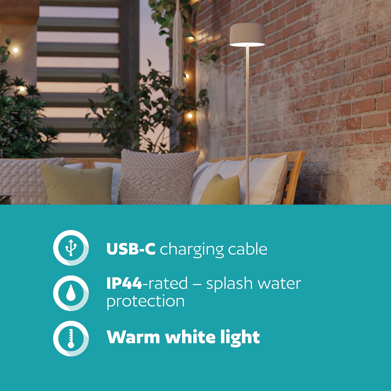 Päikesepaneeliga LED-terrassilamp Roccanova-L, valge, kõrgus 120 cm