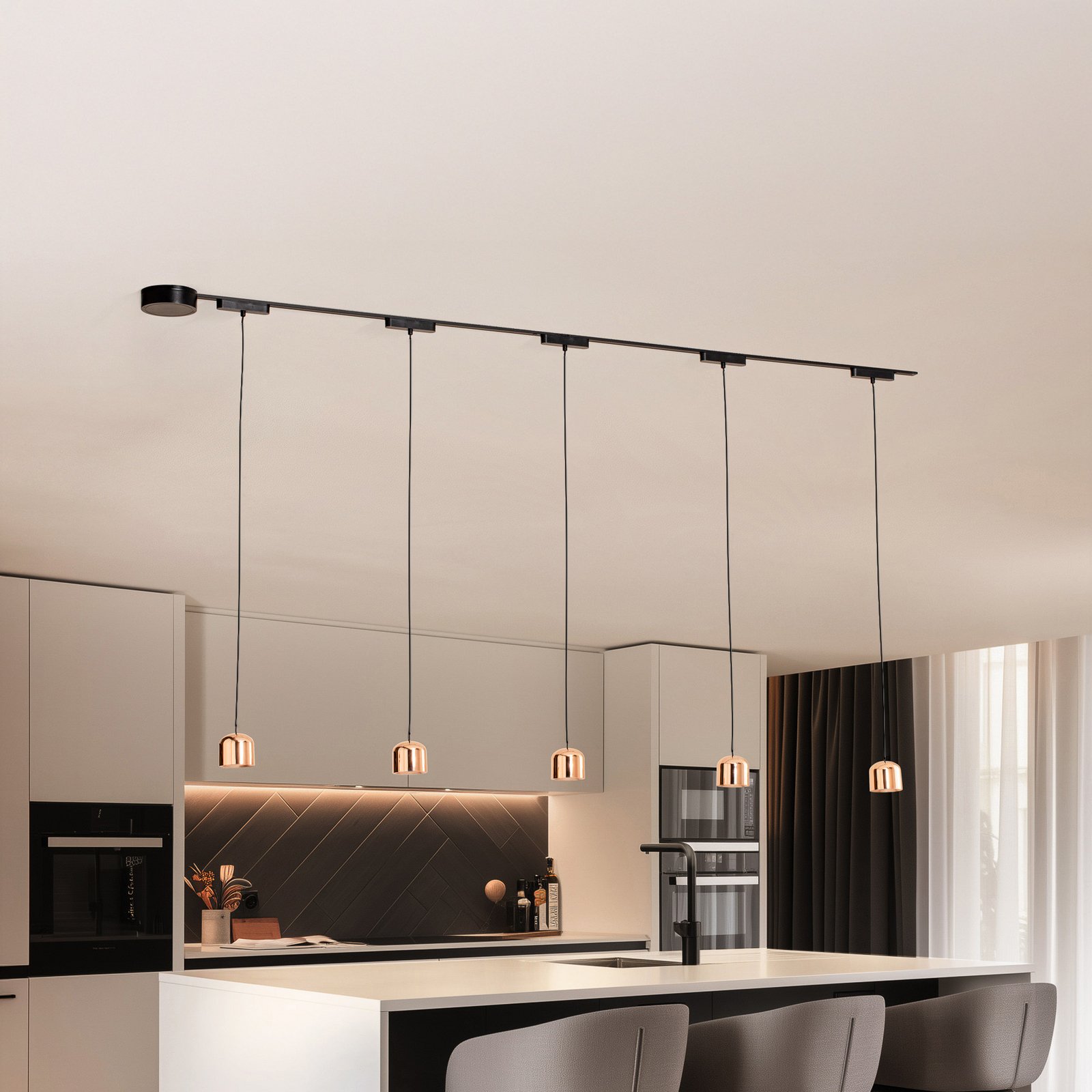 Système de lampes sur rail Lumaro, suspension, à 5 lampes, doré, 48V, intensité