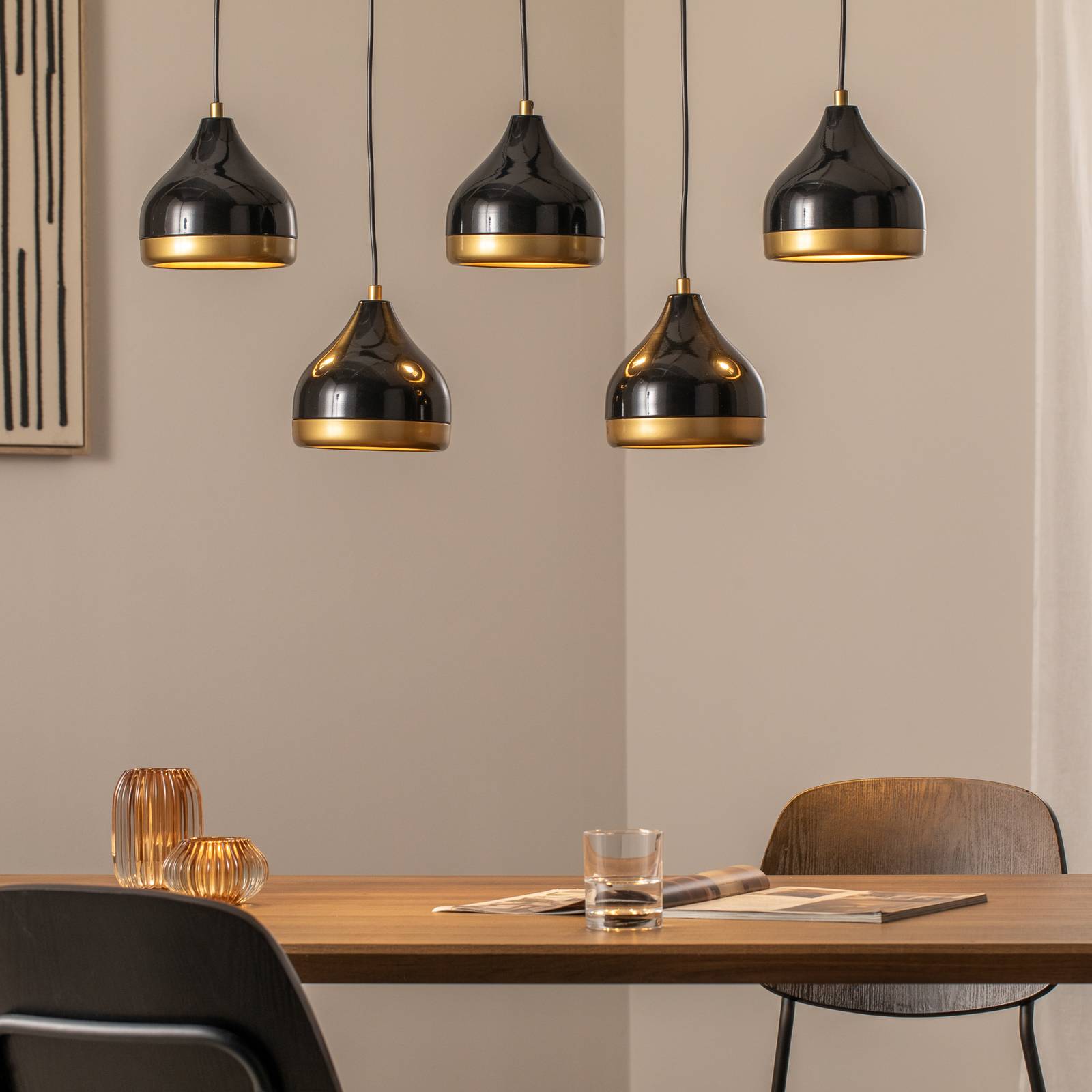 Hängeleuchte Yildo, schwarz/gold, 5-flammig. Länge 111 cm günstig online kaufen