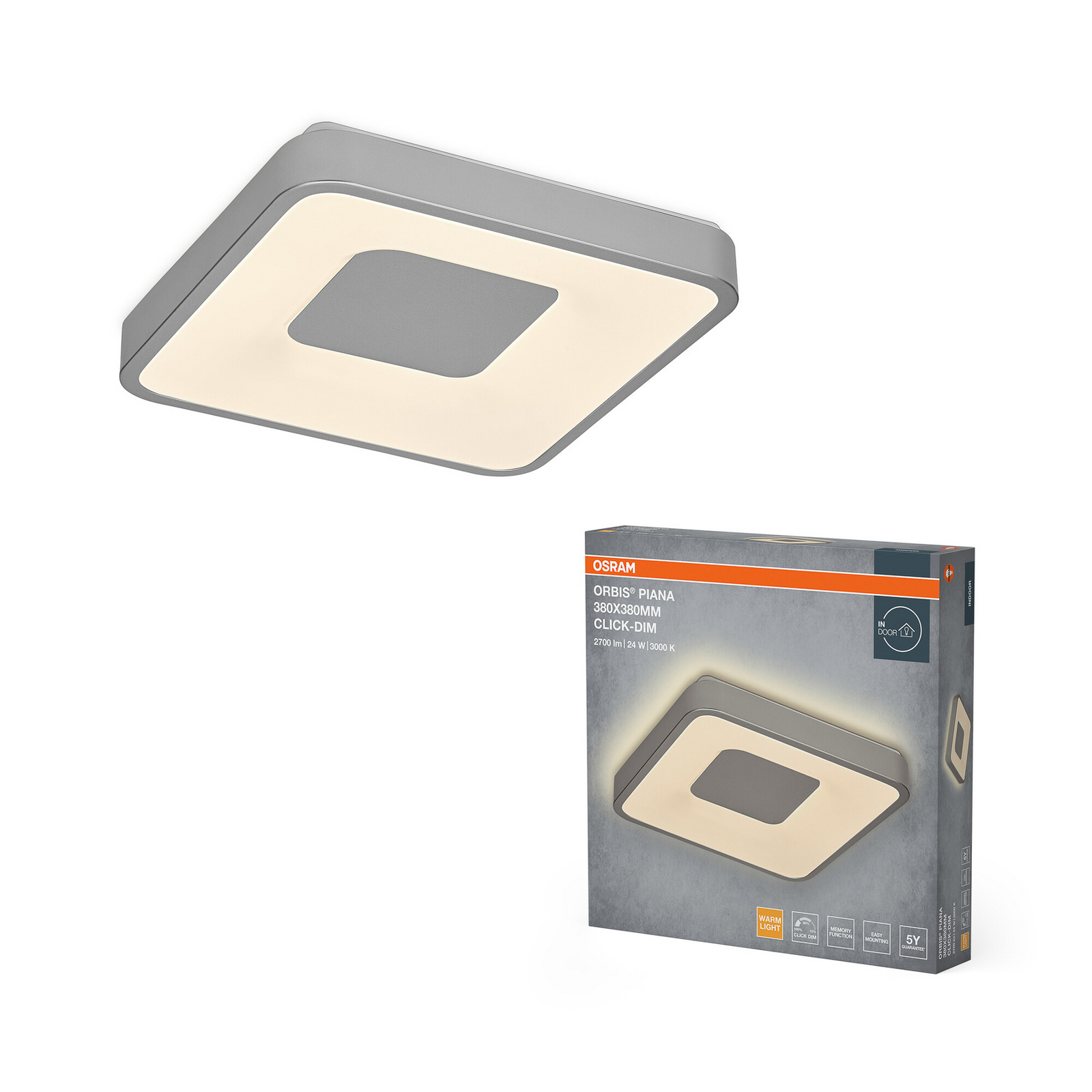 OSRAM LED griestu lampa ORBIS PIANA, sudraba krāsā, 38 x 38 cm, clickdim OSRAM LED griestu lampa ORBIS PIANA, sudraba krāsā, 38 x 38 cm, clickdim